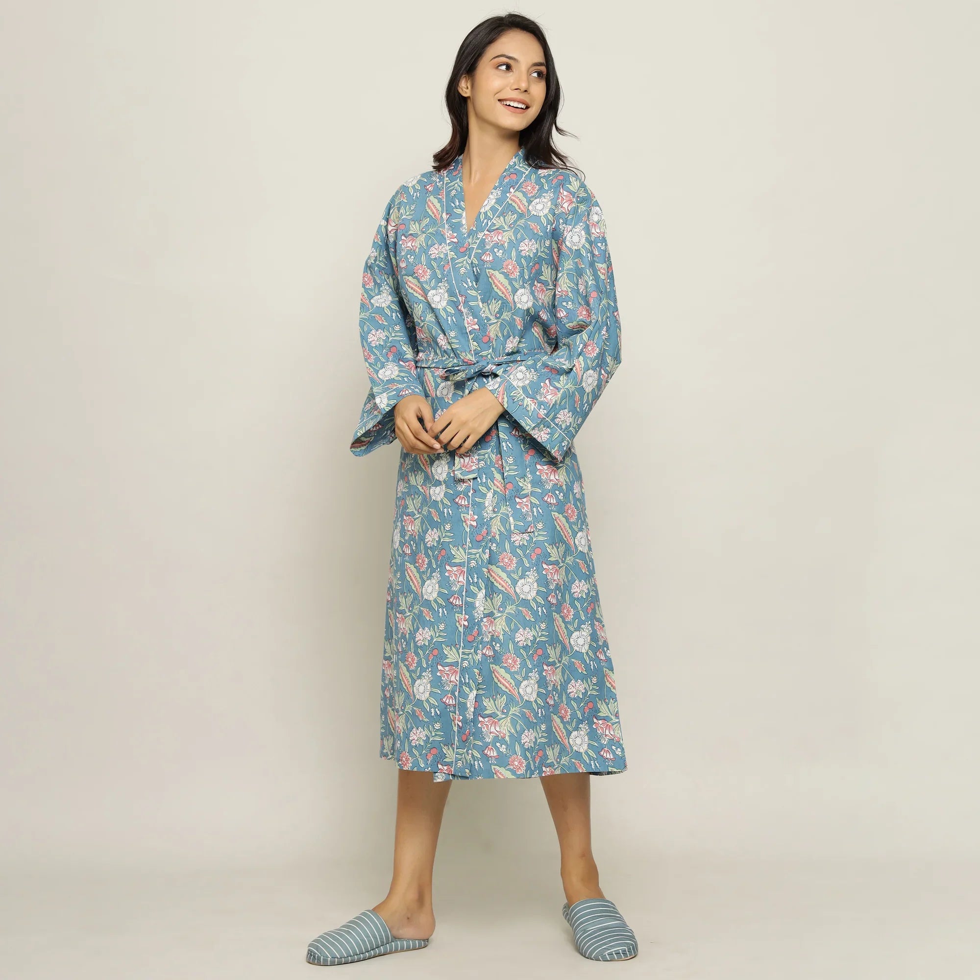 MALIBU FLORAL Cotton printed kimono robe - SanskrutiHomes