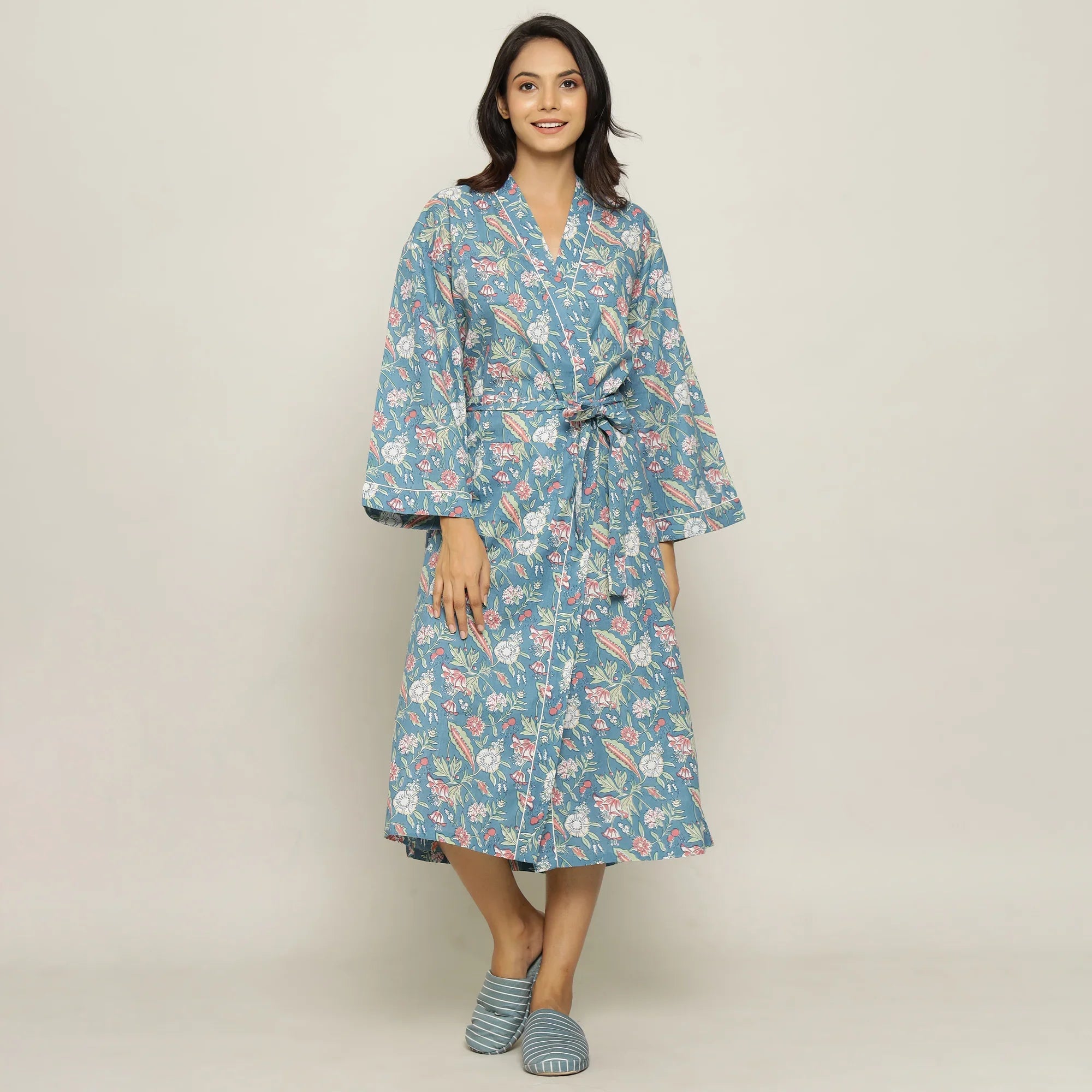 MALIBU FLORAL Cotton printed kimono robe - SanskrutiHomes