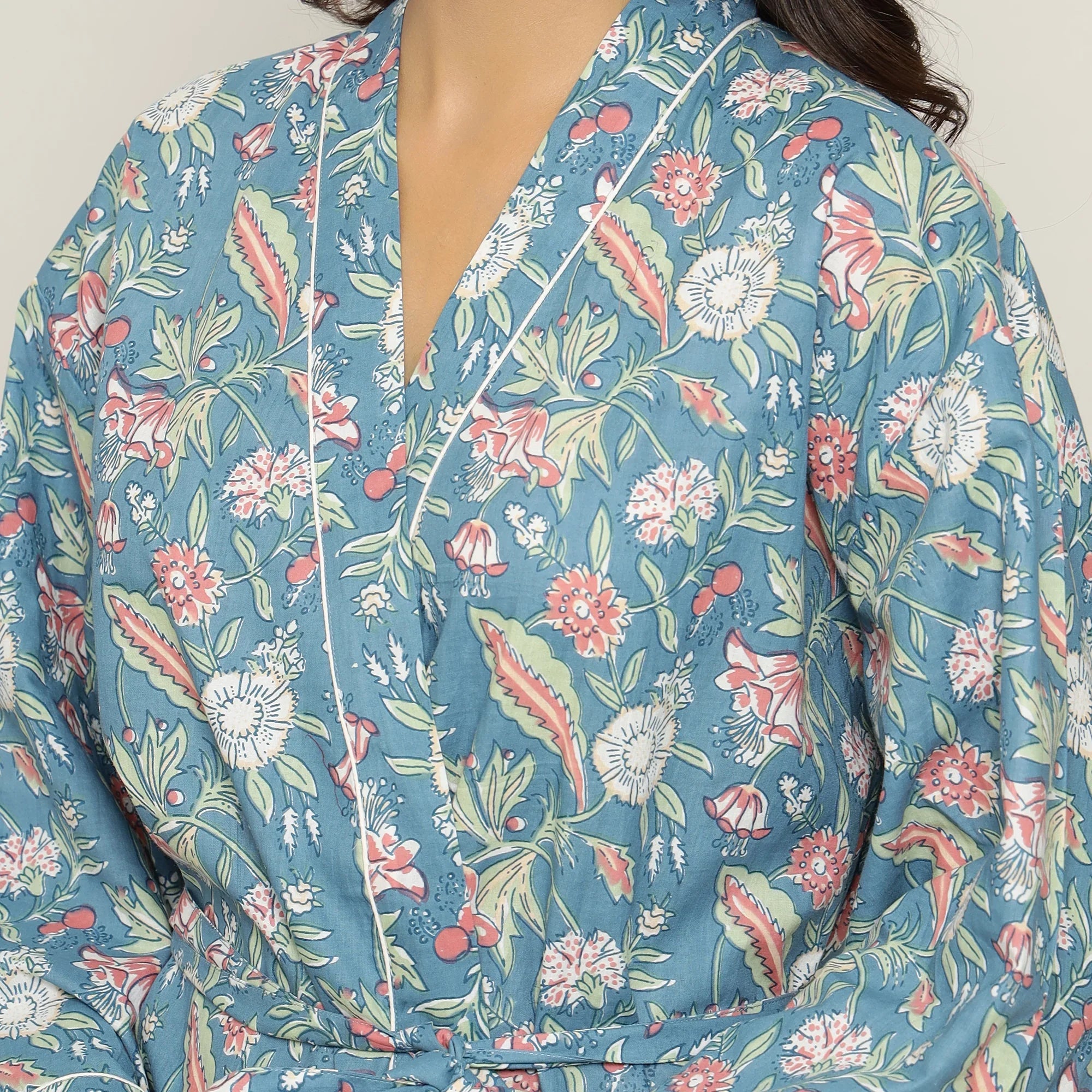 MALIBU FLORAL Cotton printed kimono robe - SanskrutiHomes