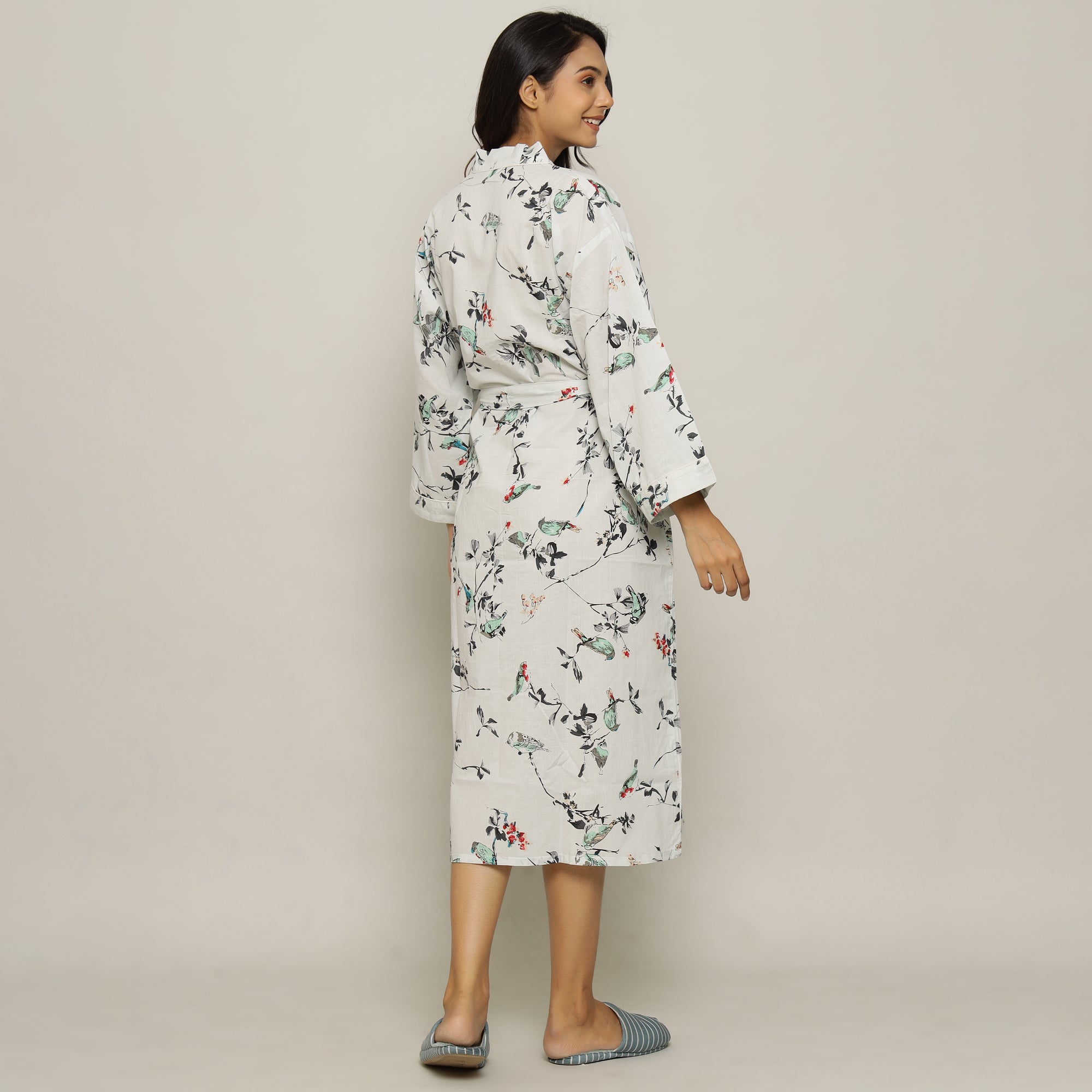 White Cotton Hand printed kimono robe