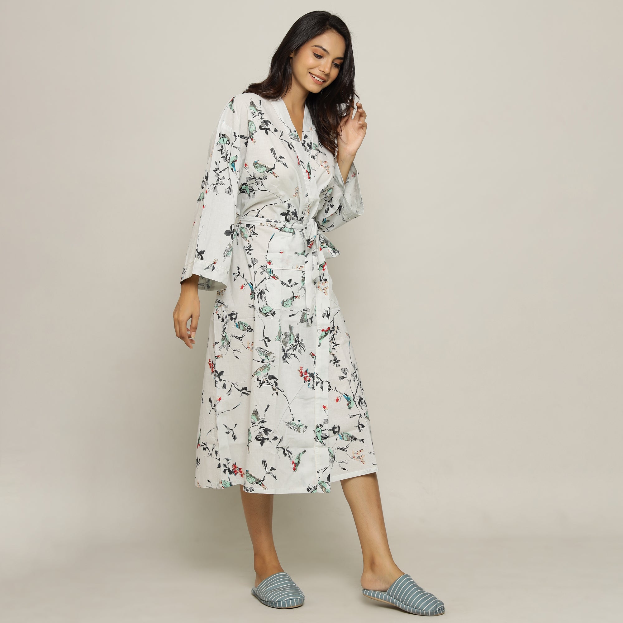 White Cotton Hand printed kimono robe