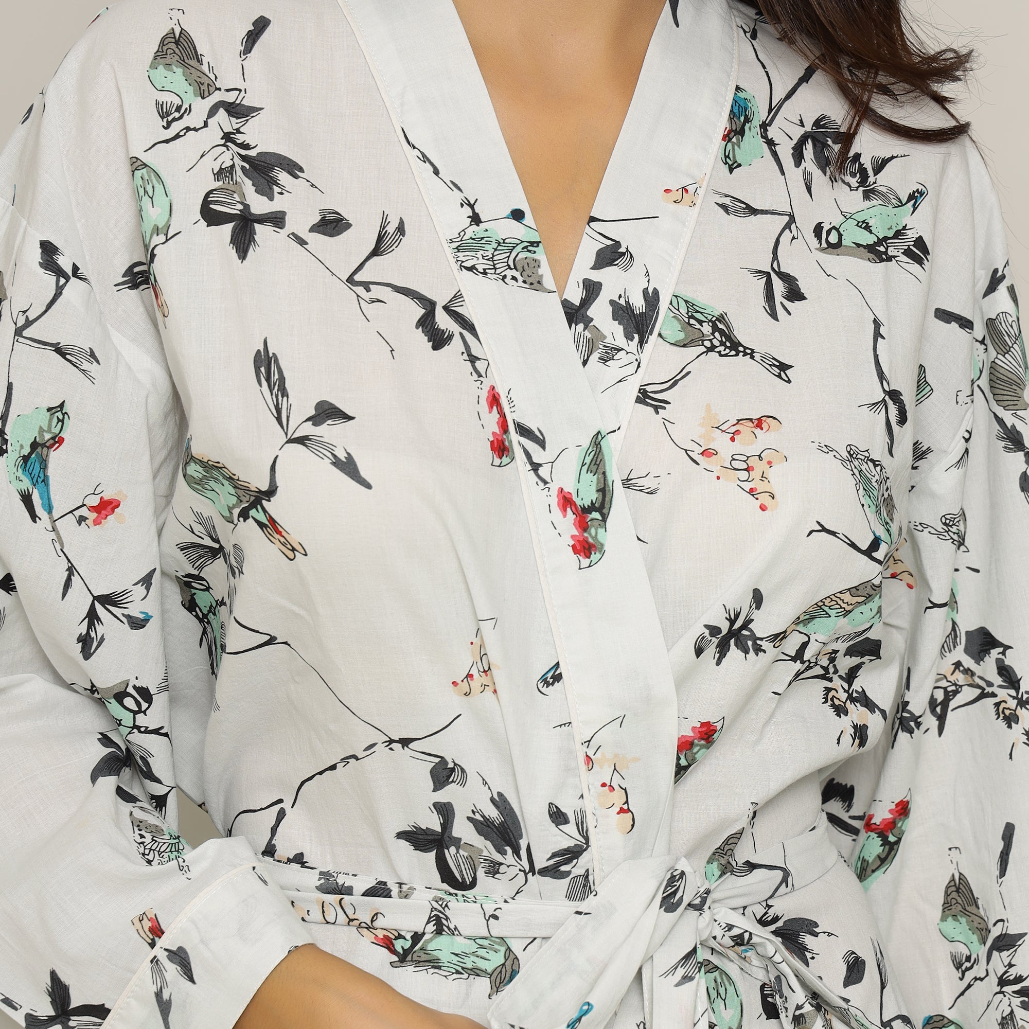 White Cotton Hand printed kimono robe