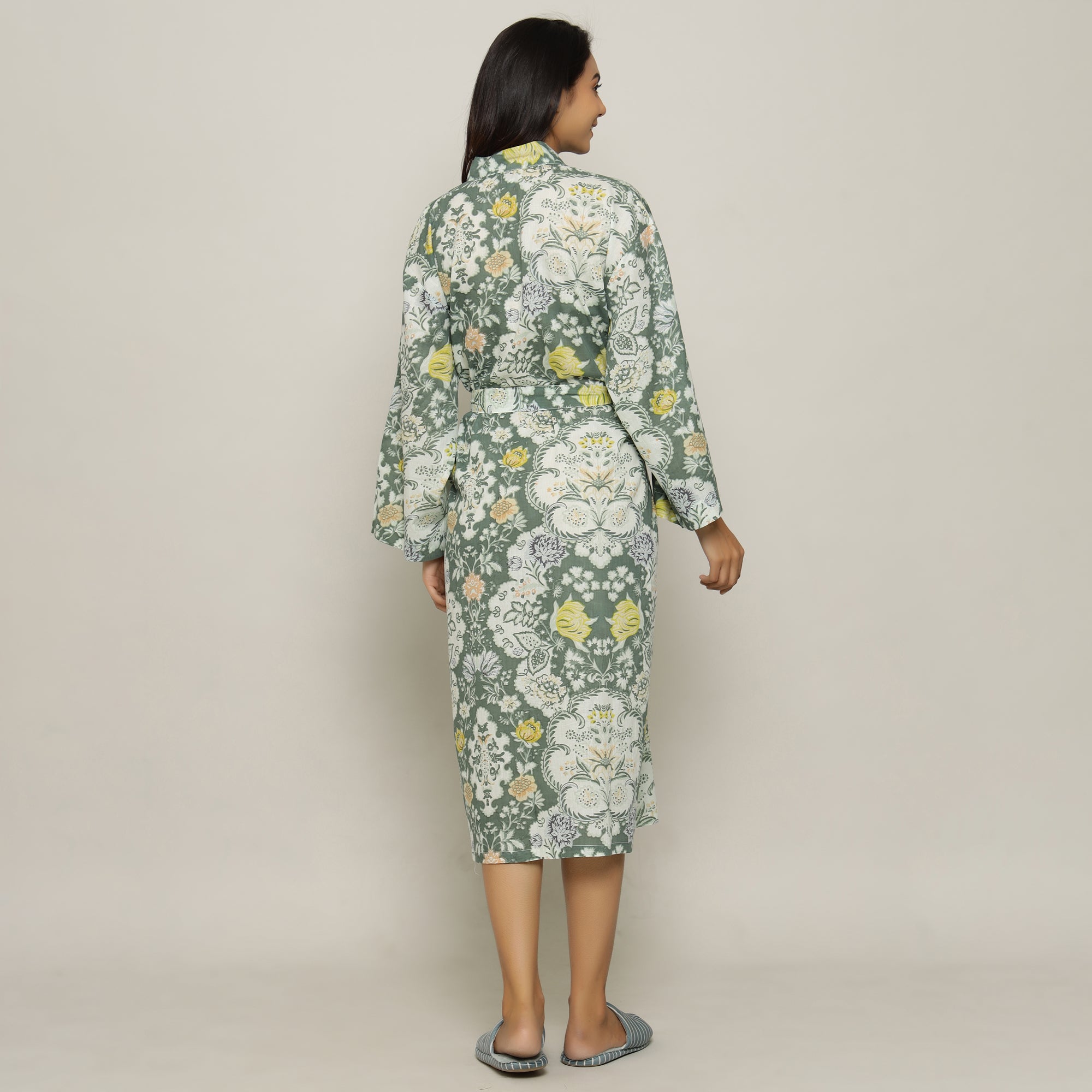 Green Cotton Hand printed kimono robe