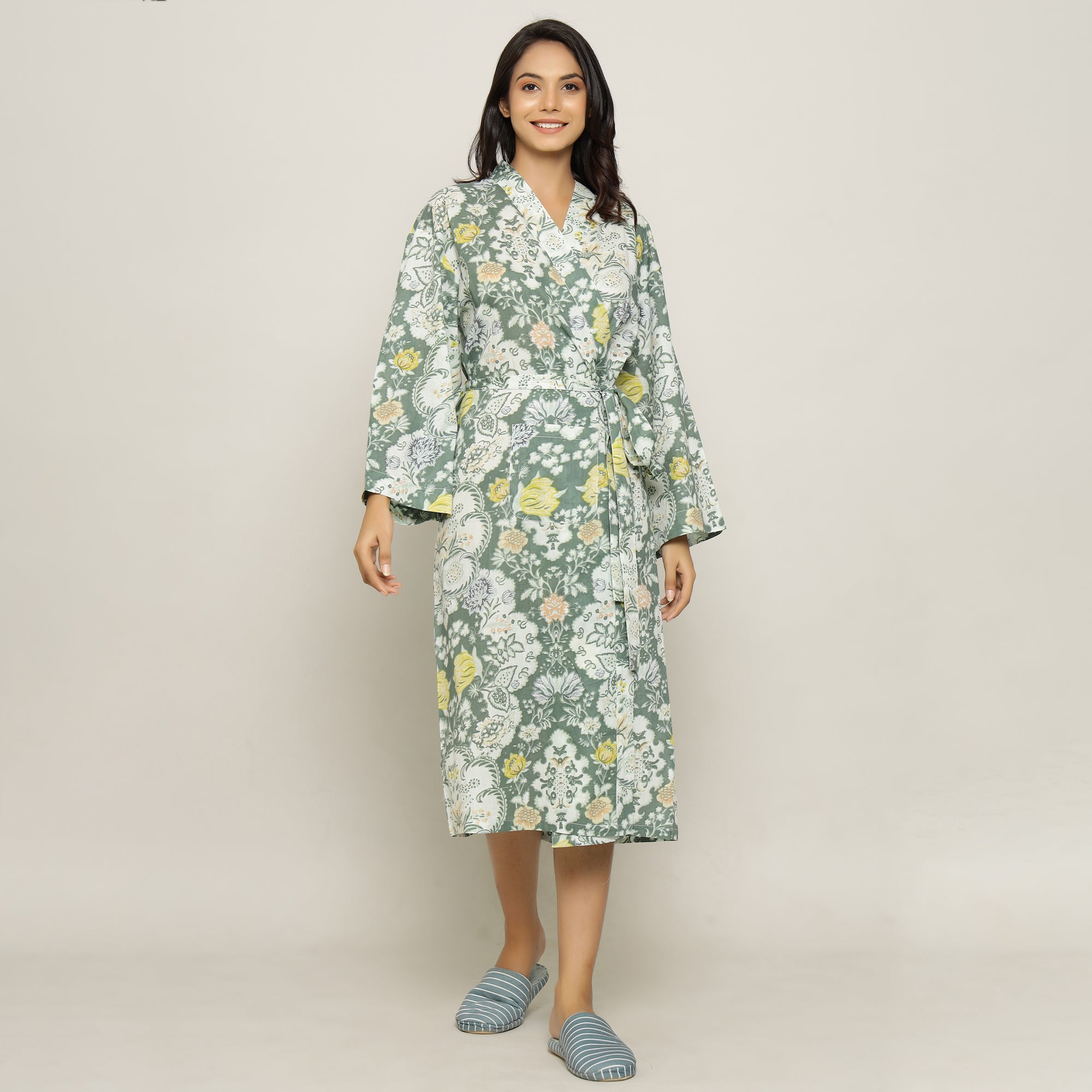 Green Cotton Hand printed kimono robe