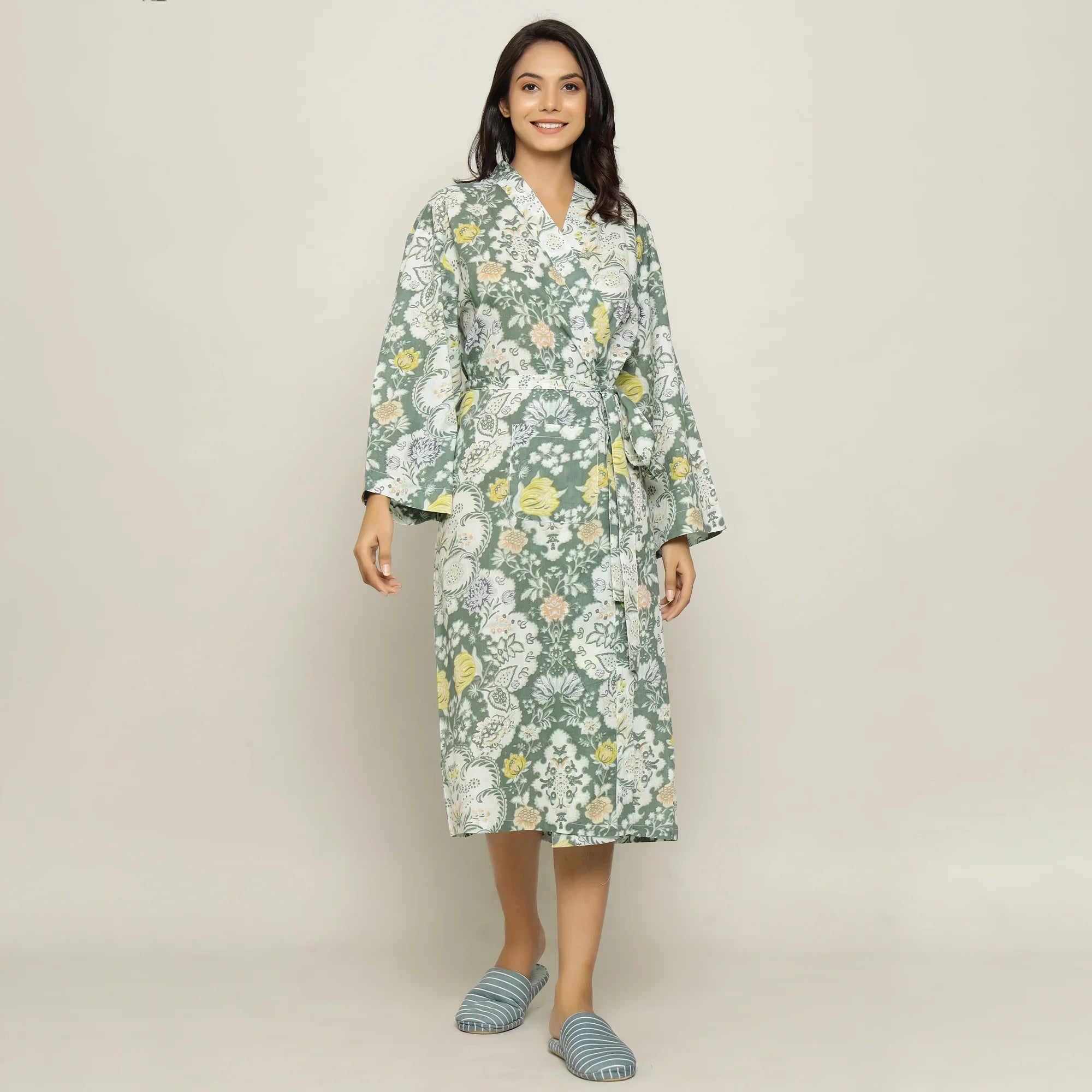 Green Cotton Hand printed kimono robe - SanskrutiHomes
