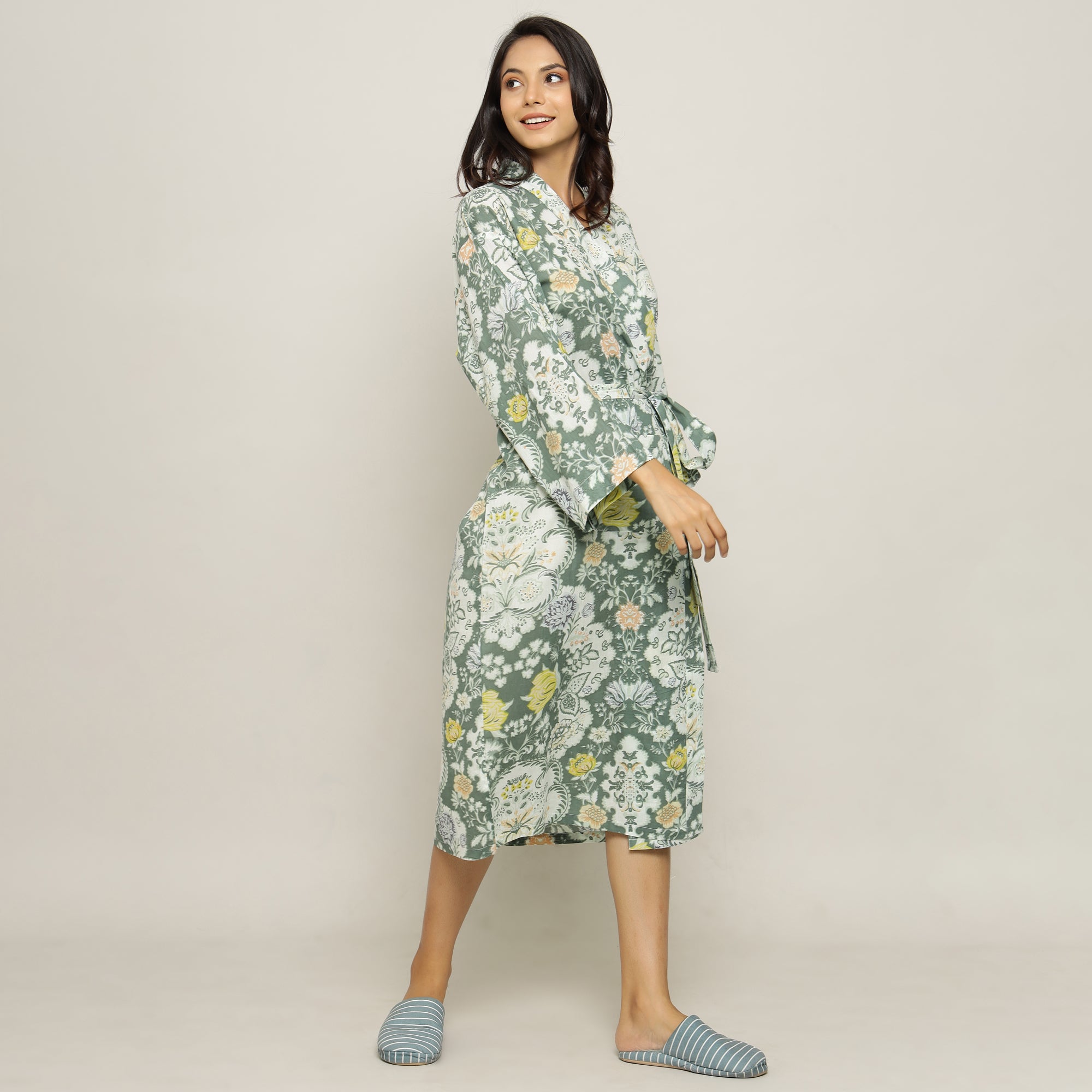 Green Cotton Hand printed kimono robe