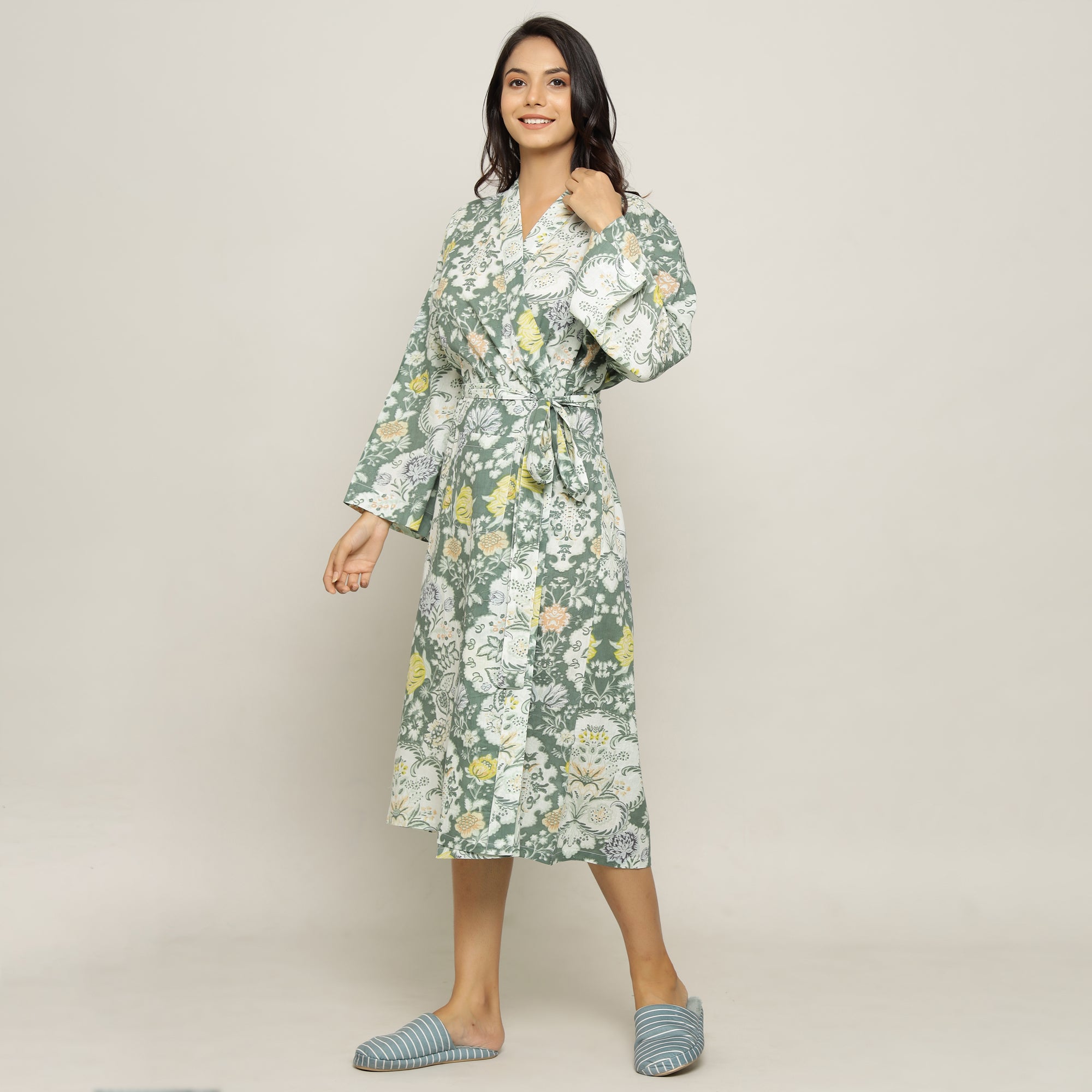 Green Cotton Hand printed kimono robe