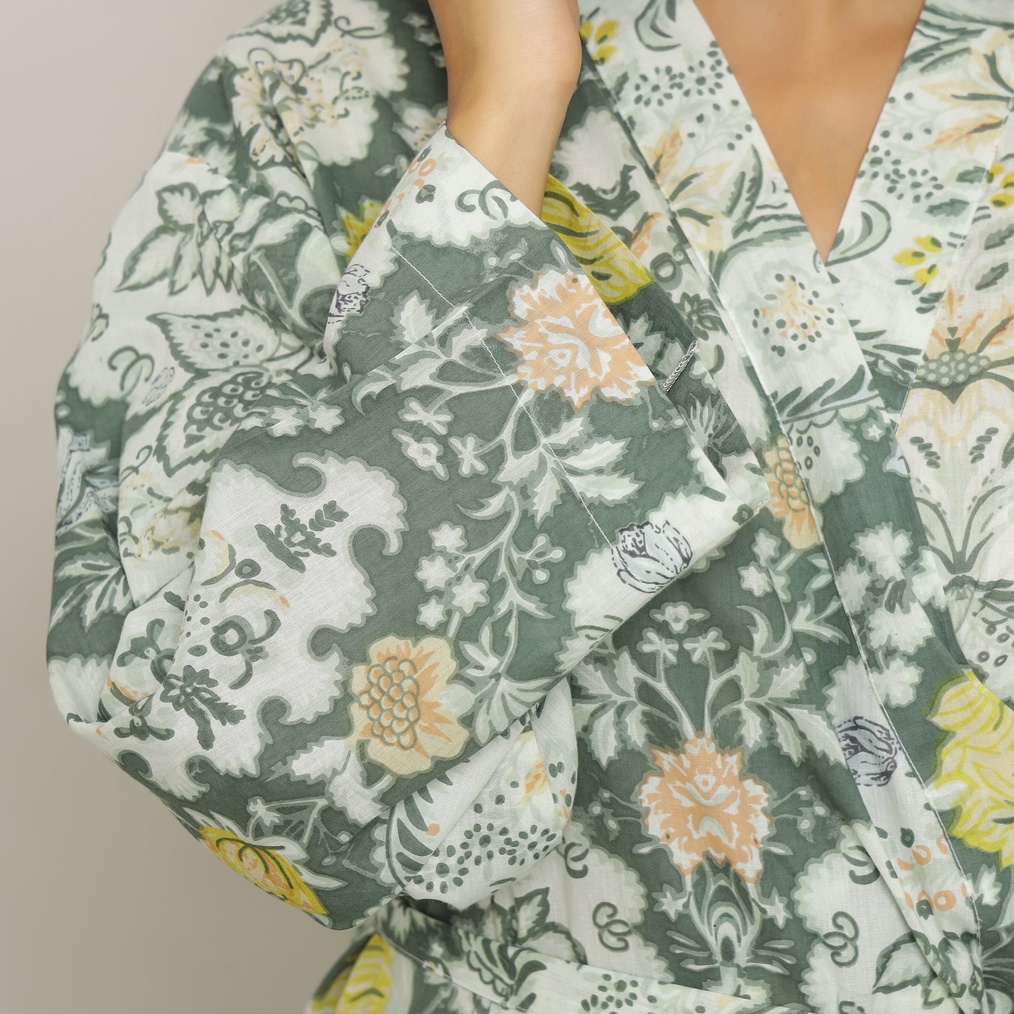 Green Cotton Hand printed kimono robe