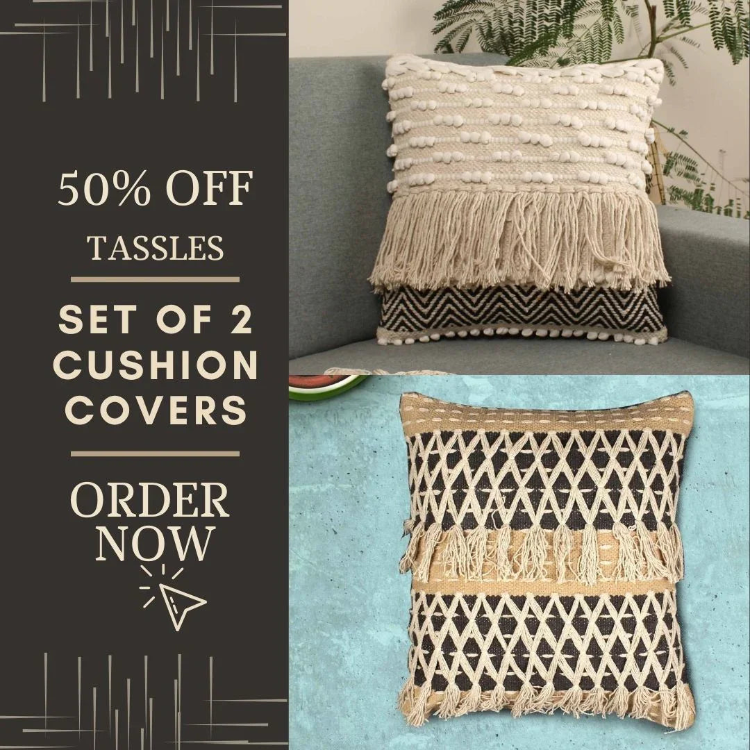 Tassle Hand-made Set of Two Cotton Cushion Covers - SanskrutiHomes