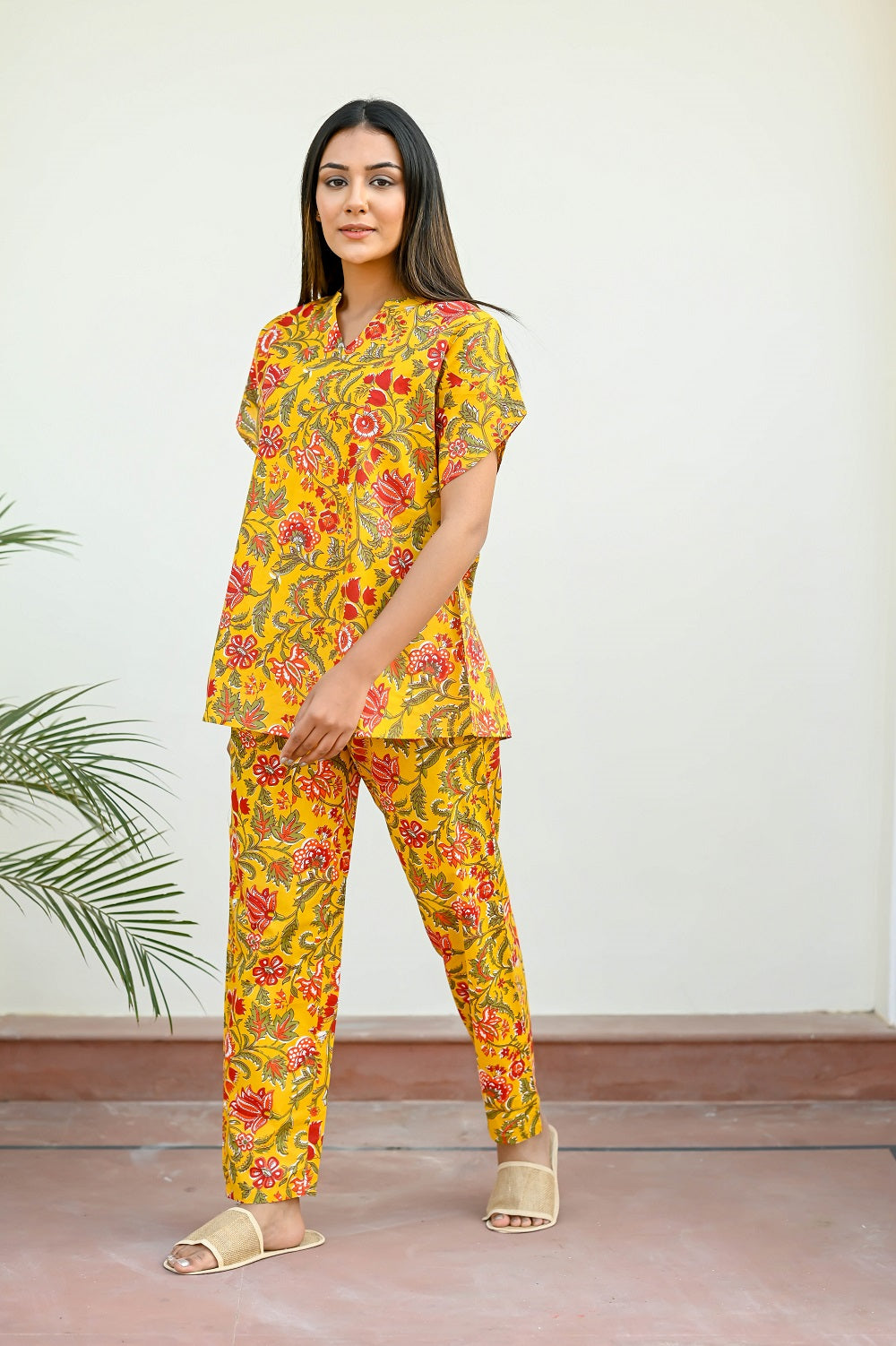 Yellow Cotton Printed Night Suit Set with Payjama