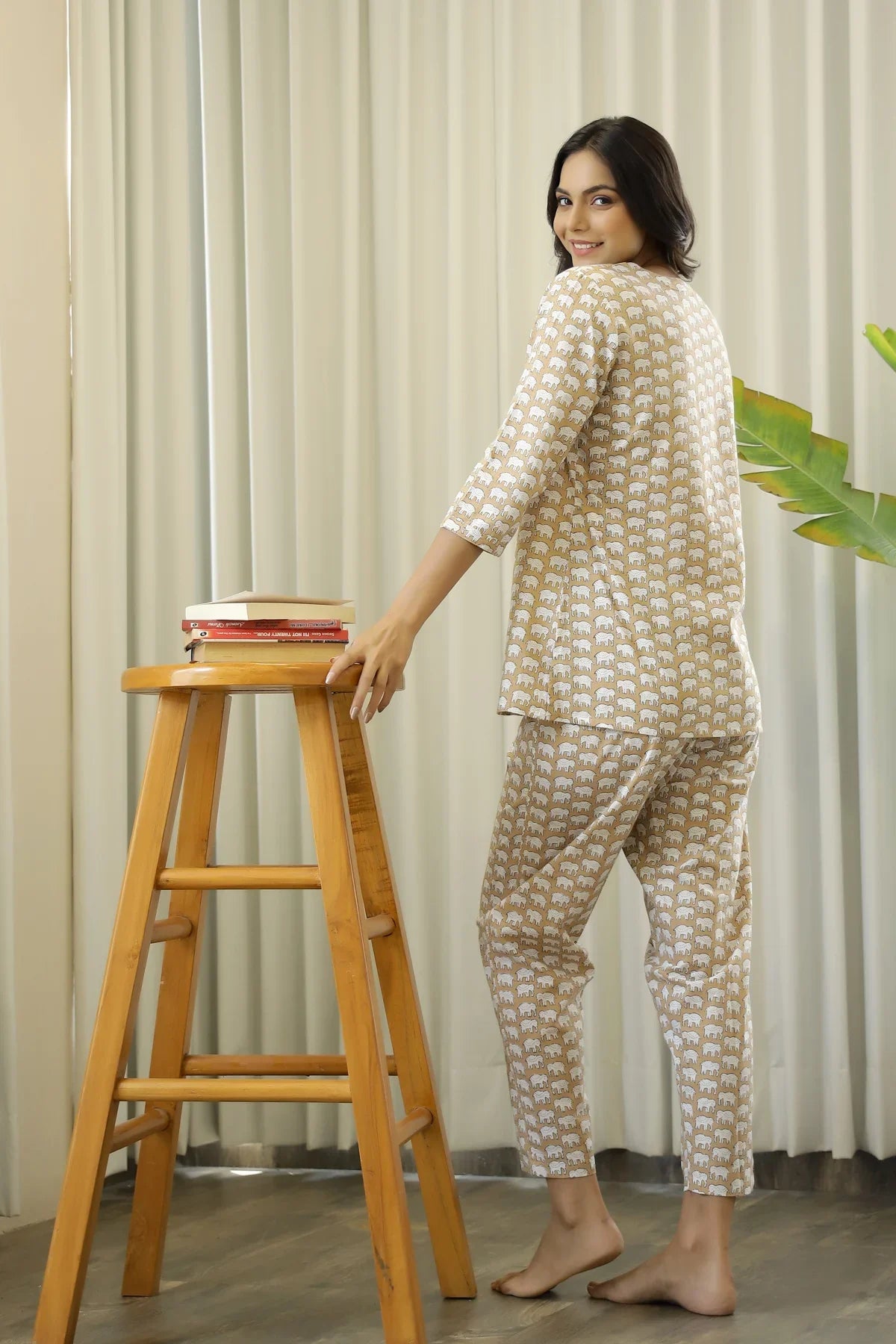 Brown Cotton Elephant Print Night Suit Set with Payjama - SanskrutiHomes