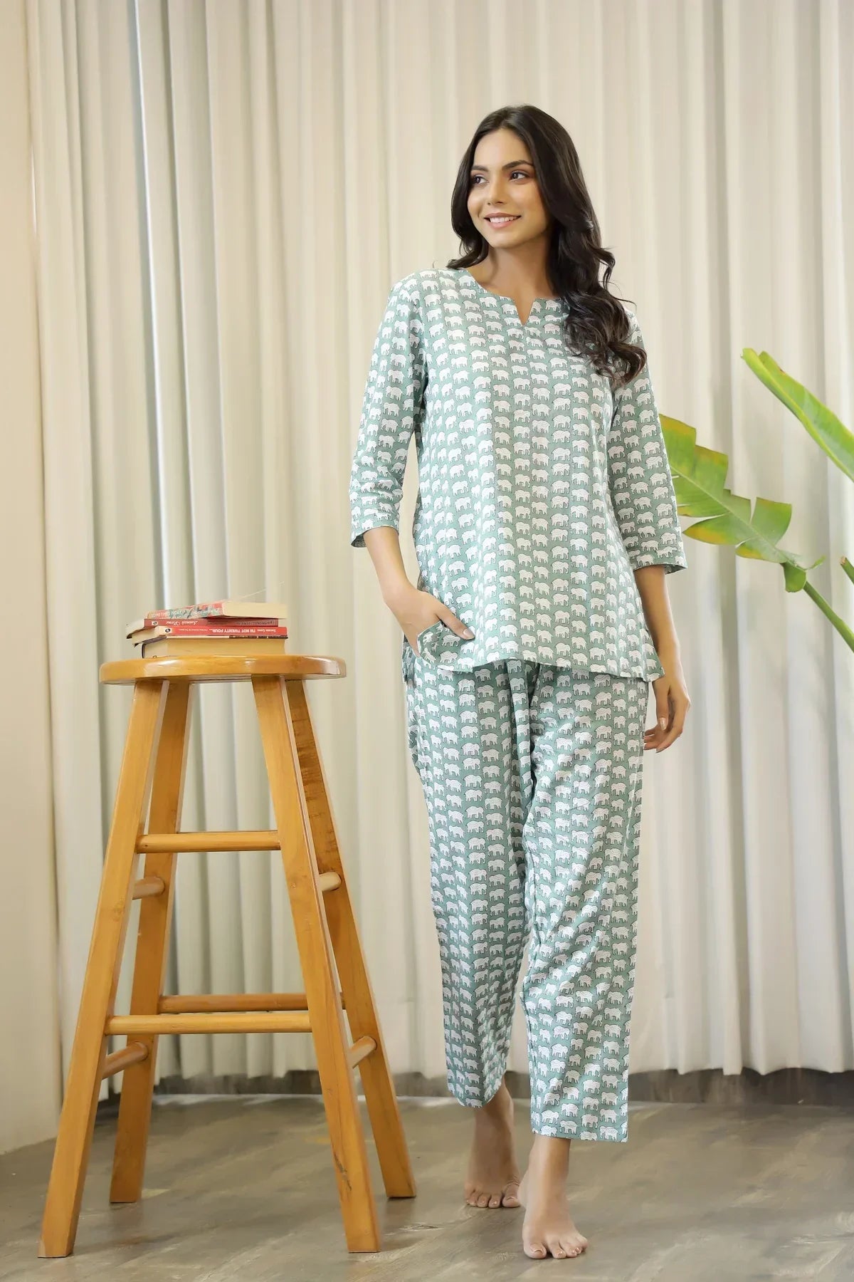 Green Cotton Elephant Print Night Suit Set with Payjama - SanskrutiHomes