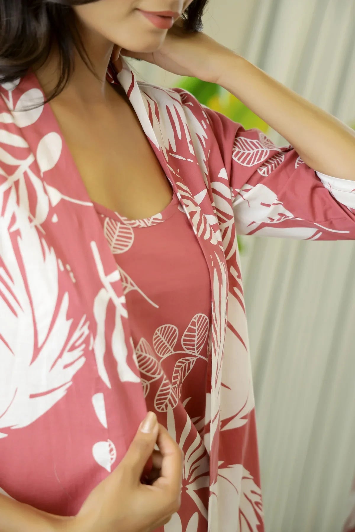 Wine Cotton Printed 3 PEICE Night Suit Set with Pyjama - SanskrutiHomes