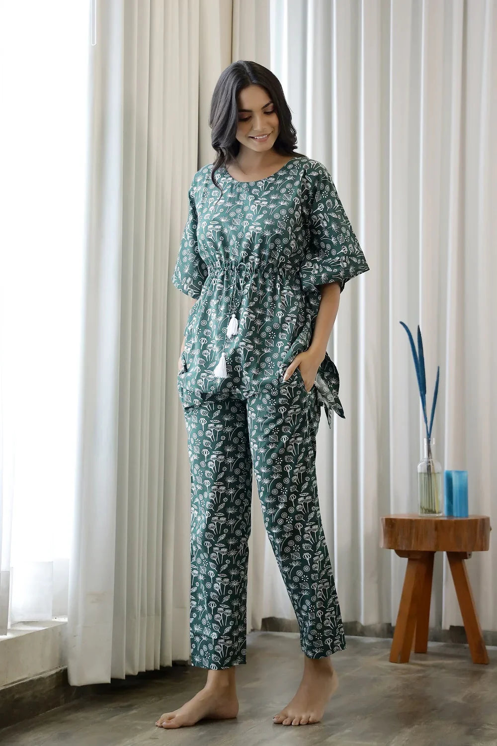 Green & White Printed Cotton Kaftan set - SanskrutiHomes