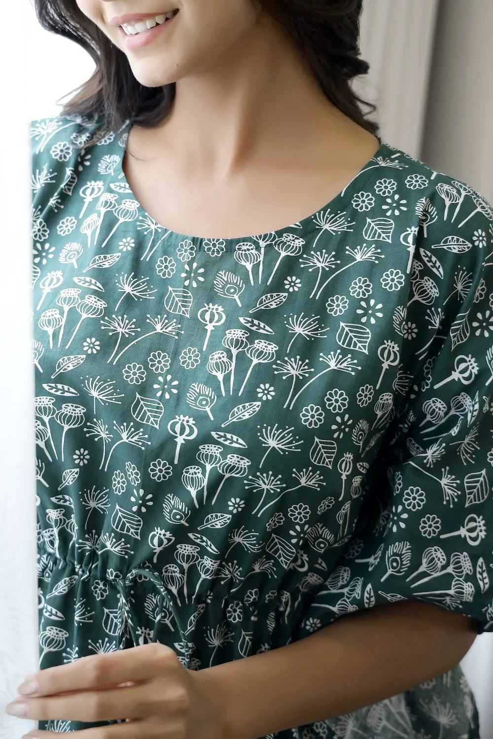 Green & White Printed Cotton Kaftan set - SanskrutiHomes