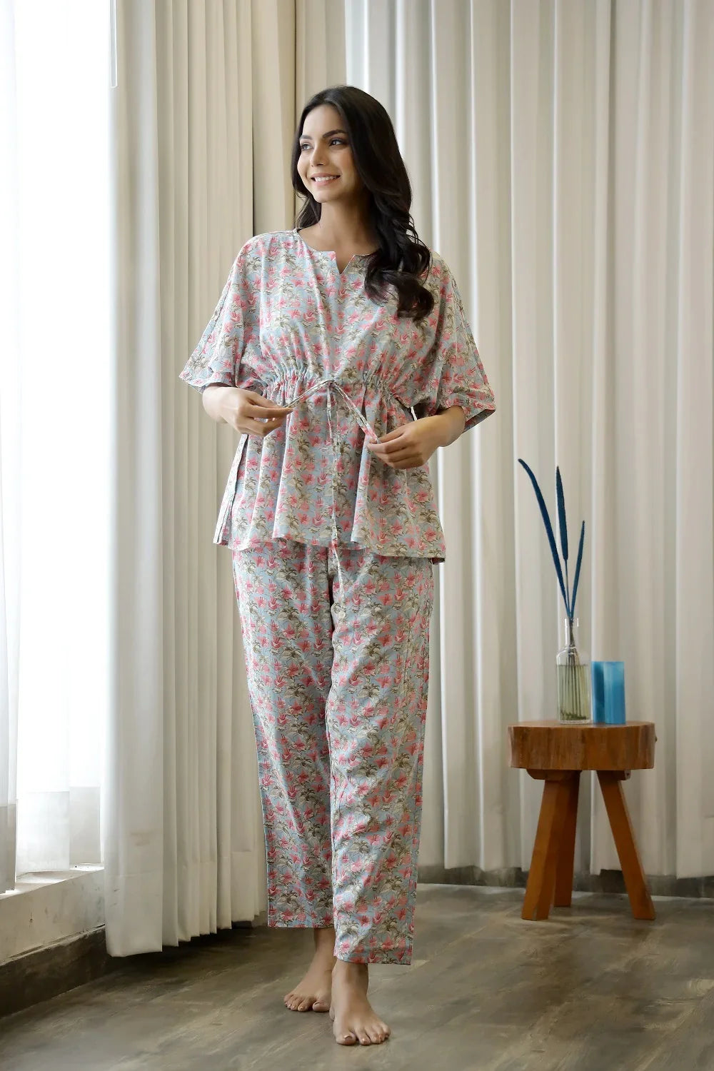 Women Light Blue & Pink Floral Printed Cotton Kaftan With Pyjama - SanskrutiHomes