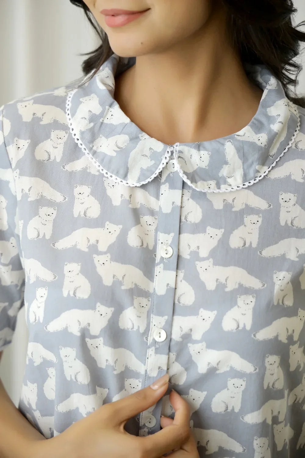 Grey White Cotton Cat Printed Peter pan collared Night Suit short Set - SanskrutiHomes