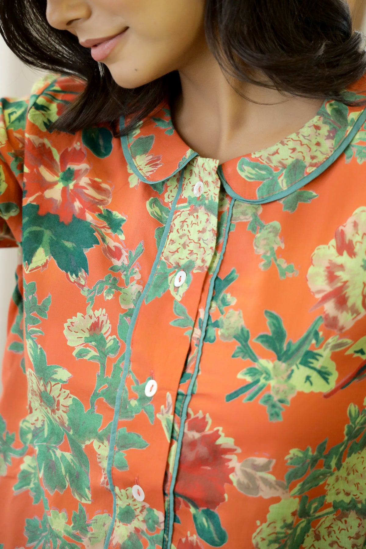 Orange & Green Cotton Peter Pan Collar Night Suit Set