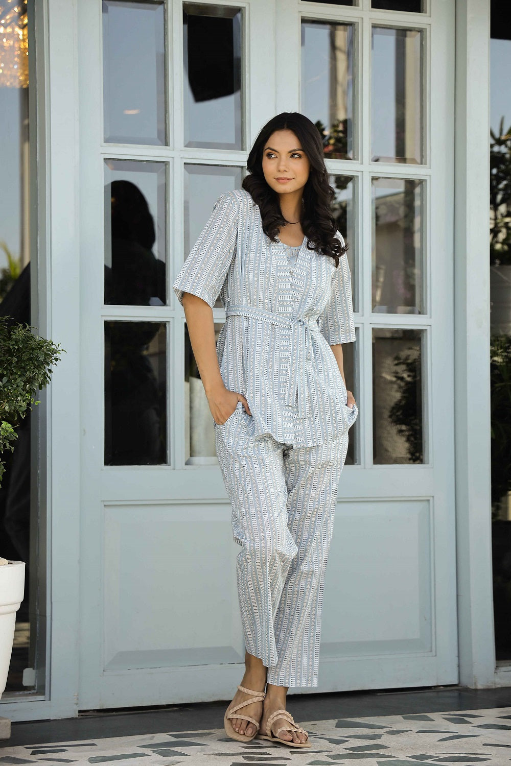 Pale Blue & White Printed Pure Cotton Shrug Night suit