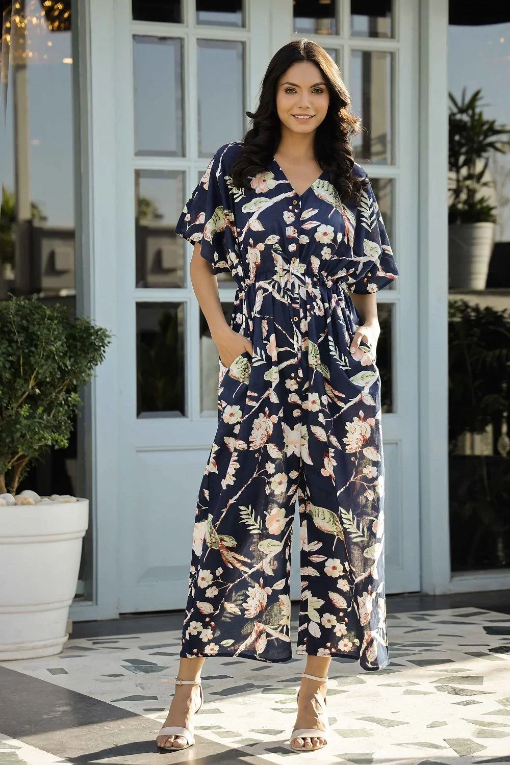 Navy Blue Printed Cotton Loose Fit Jumpsuit