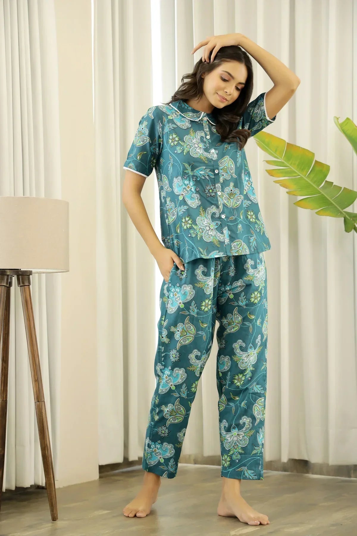 Dark Green Peter Pan Collar Night Suit pajama Set - SanskrutiHomes