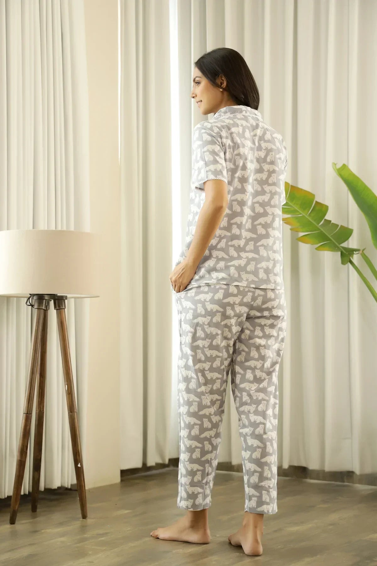 Grey White Cotton Cat Printed Peter pan collared Night Suit Set - SanskrutiHomes