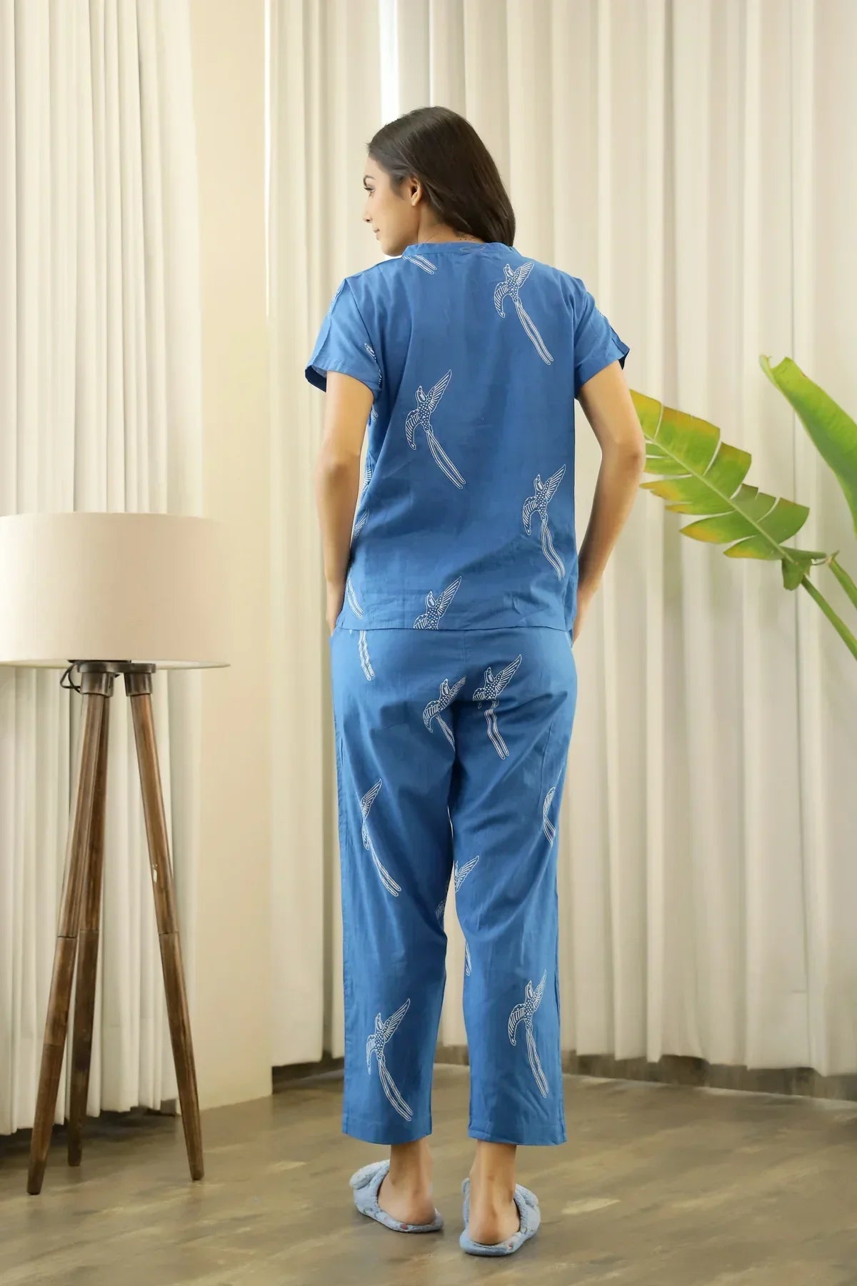 Women Blue and White Conversational Eagle Printed Night Suit Set with Pyjama - SanskrutiHomes