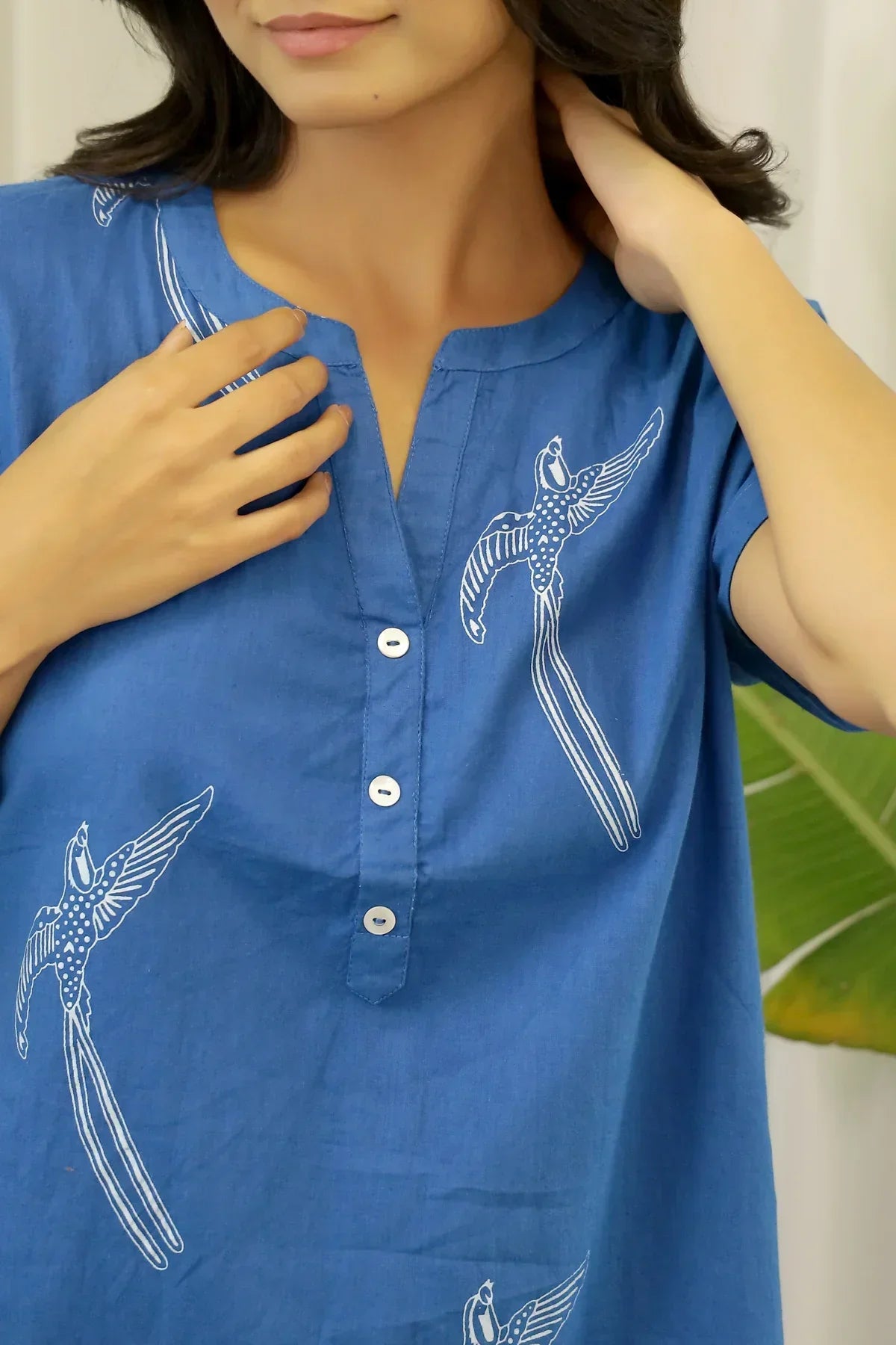 Women Blue and White Conversational Eagle Printed Night Suit Set with Pyjama - SanskrutiHomes