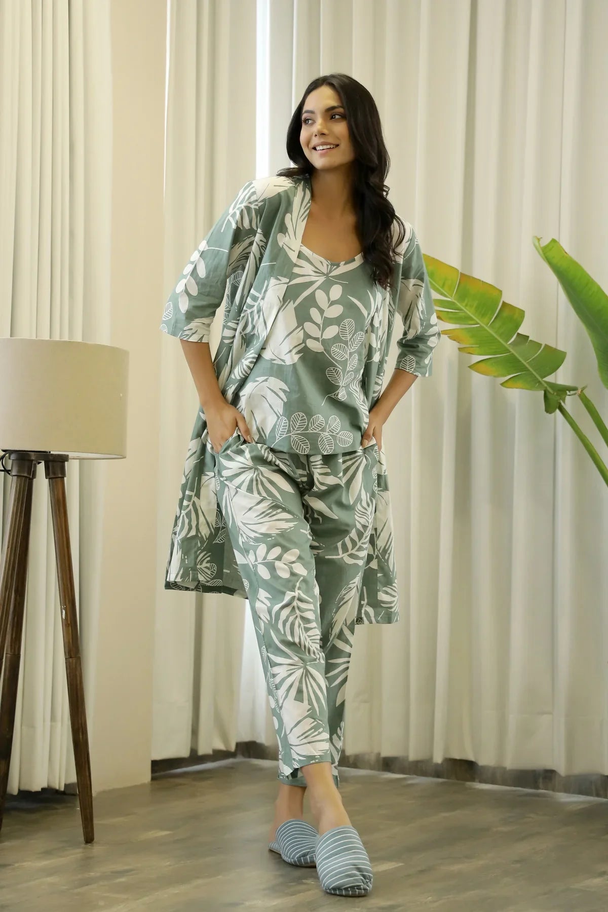 Green Cotton Printed Three Piece Night Suit Set with Pajama - SanskrutiHomes