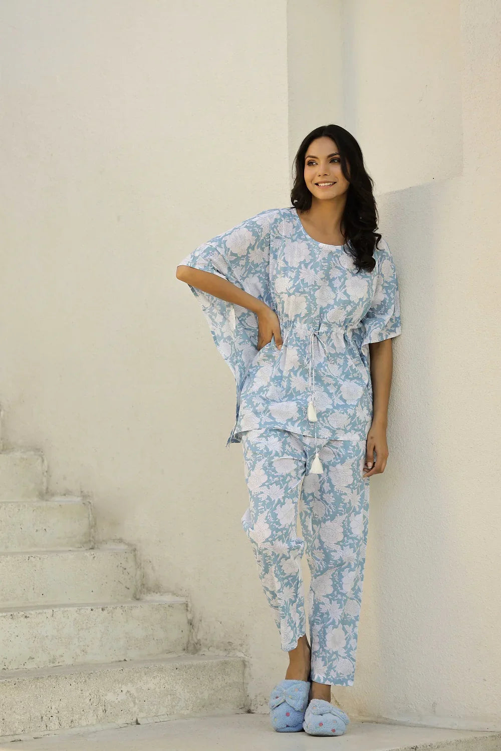 White & Blue Printed Kaftan Set - SanskrutiHomes