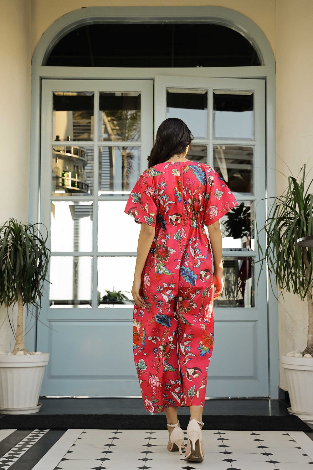 Red PINK  loose Printed Cotton jumpsuit