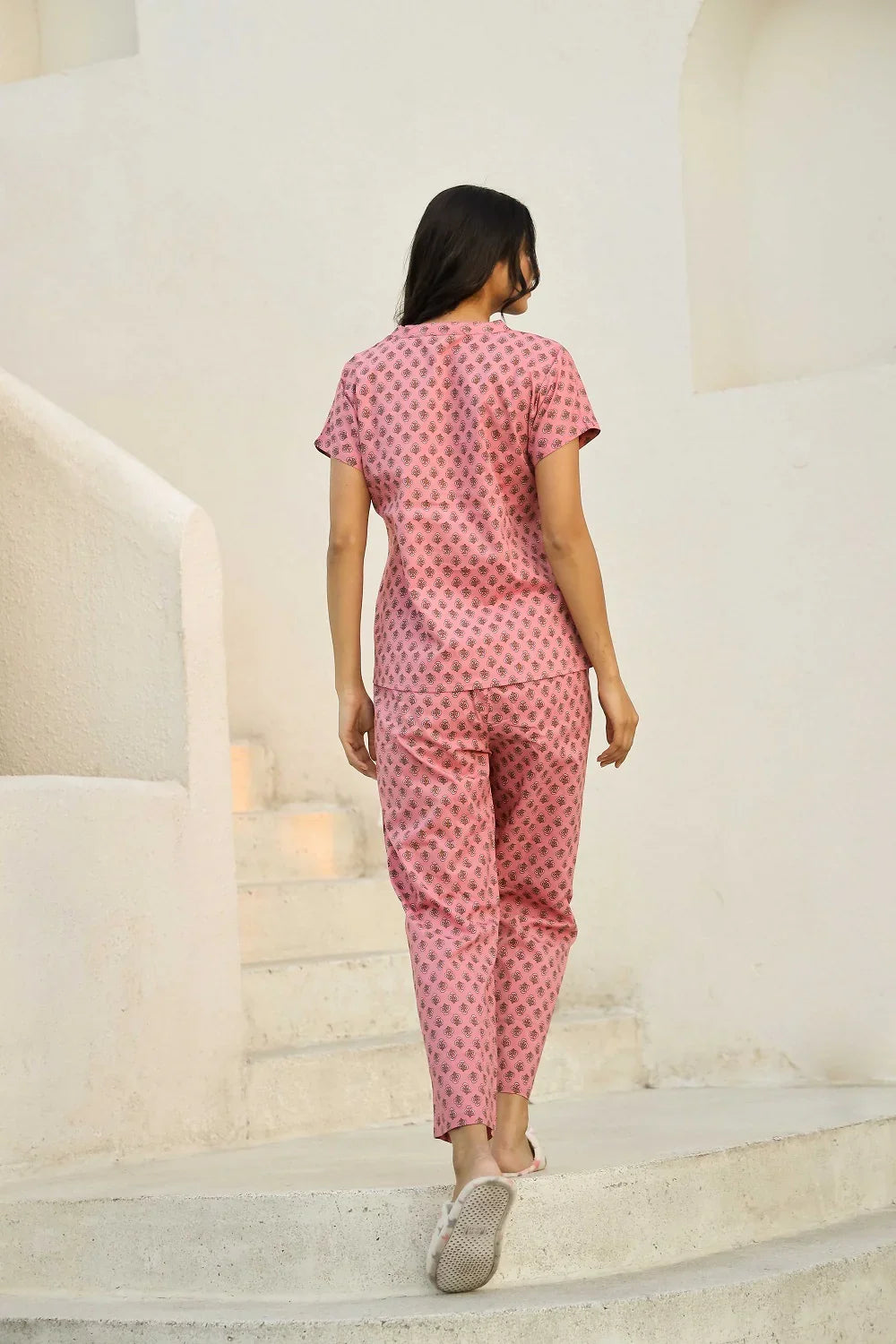 Flamingo pink printed pure cotton night suit set - SanskrutiHomes