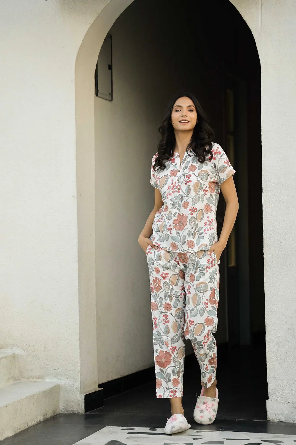 White Jacquard Cotton Top & Pyjama Night Suit Set