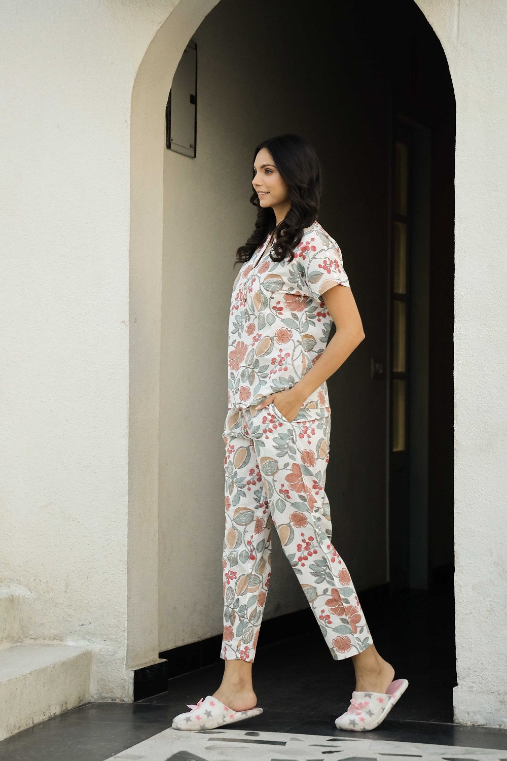 White Pure Cotton Printed Night Suit Set for Women