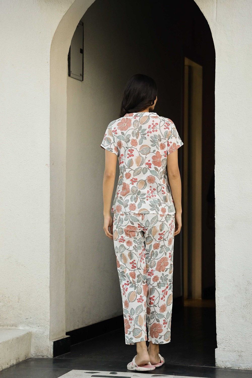 White Pure Cotton Printed Night Suit Set for Women