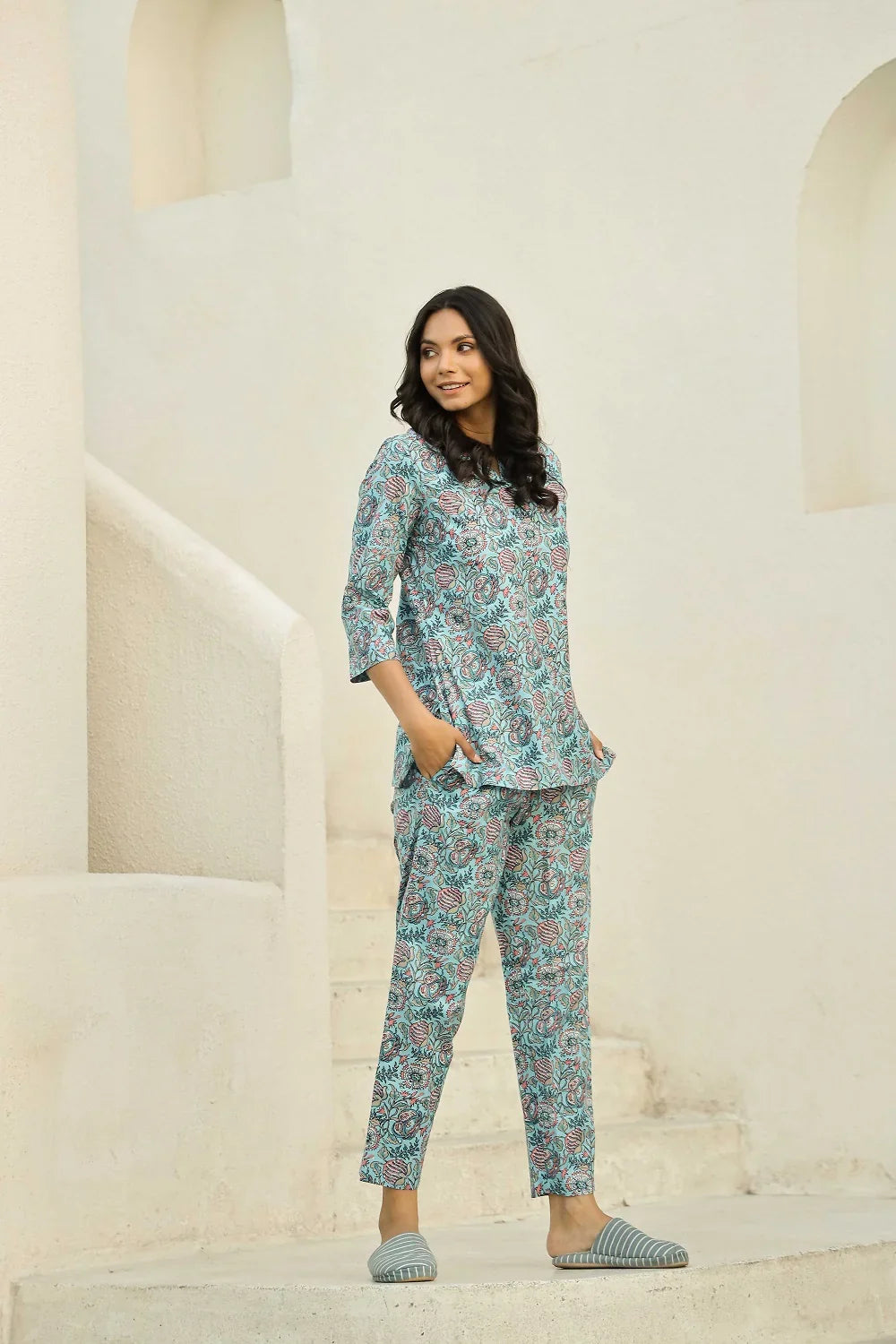 Sky Blue Printed Pure Cotton Night suit - SanskrutiHomes