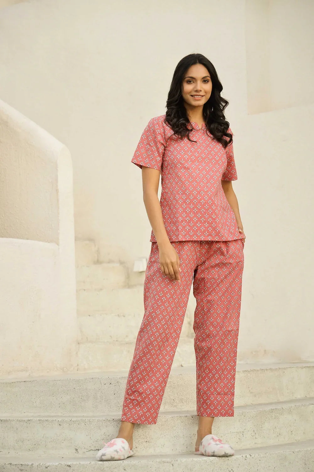 Pajama Set Women Night Dress Cotton Peach Pink Printed Pure Cotton