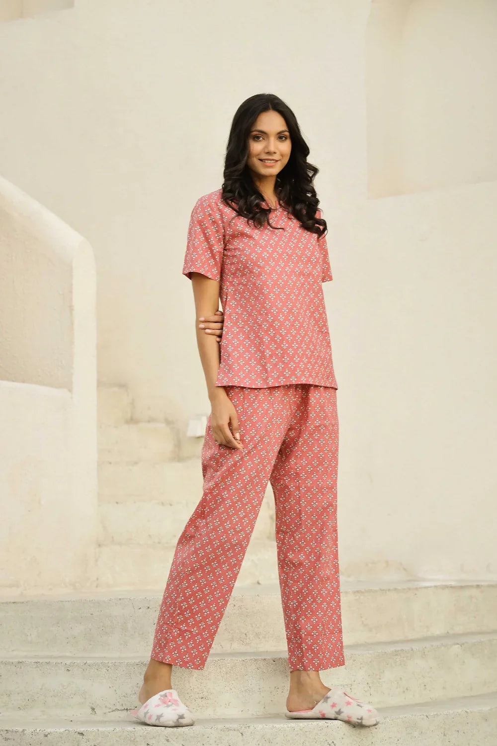 Peach pink printed pure cotton night suit set - SanskrutiHomes