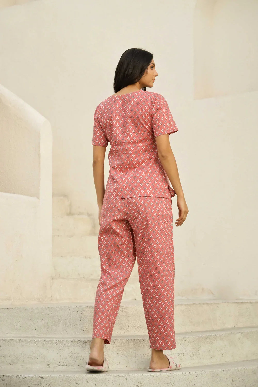 Peach pink printed pure cotton night suit set - SanskrutiHomes