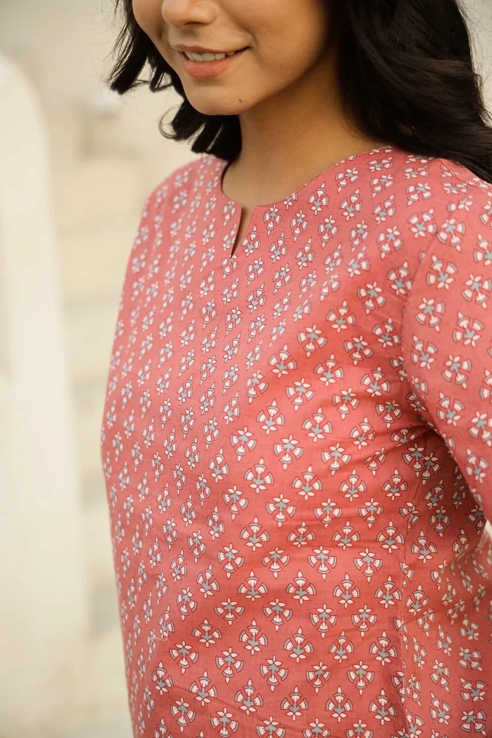 Peach pink printed pure cotton night suit set - SanskrutiHomes