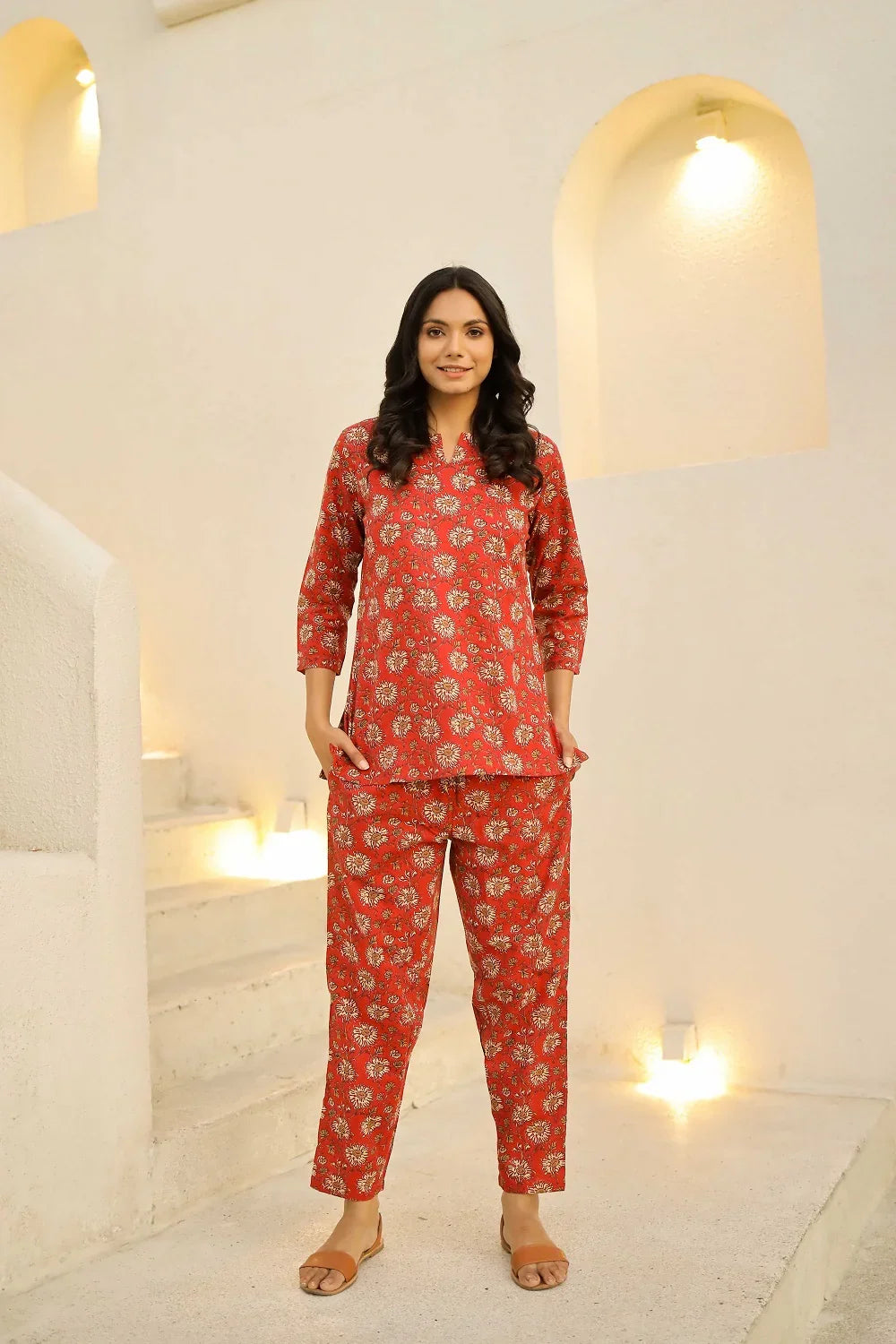 Red & white printed pure cotton night suit set - SanskrutiHomes