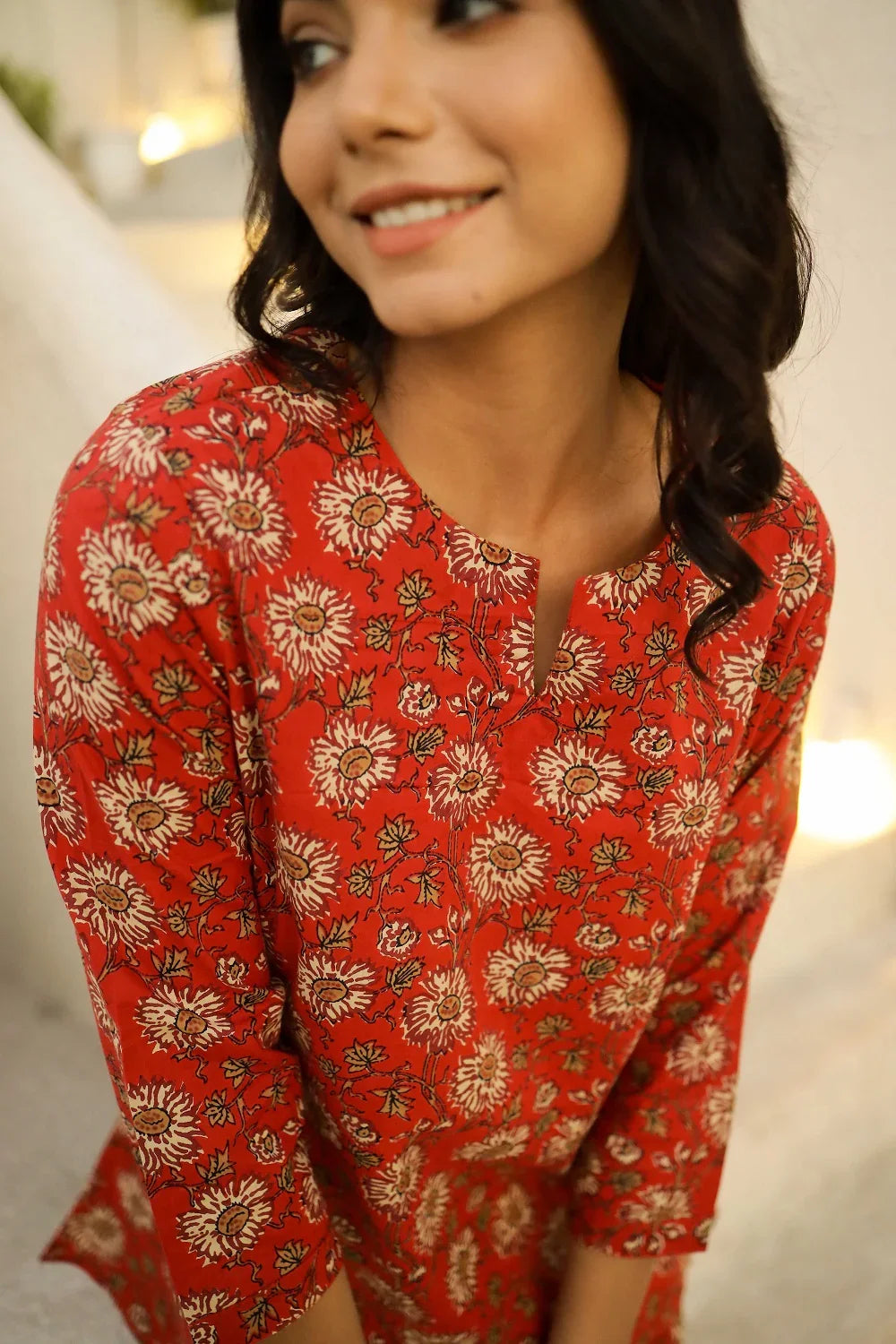 Red & white printed pure cotton night suit set - SanskrutiHomes