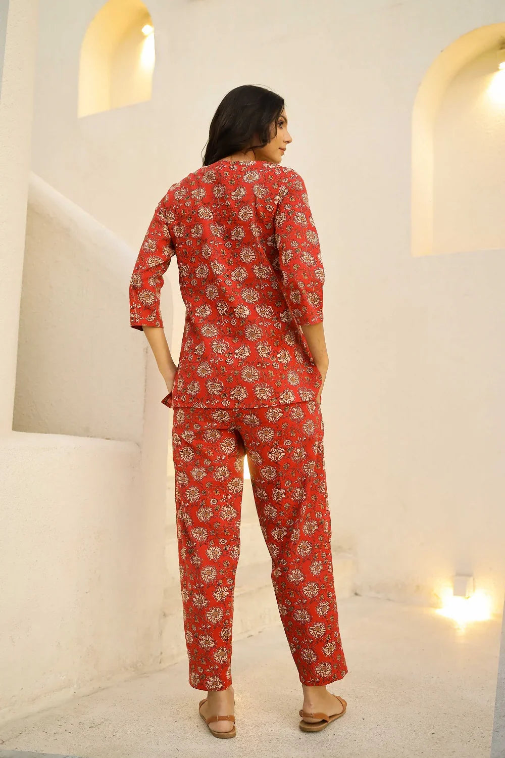 Red & white printed pure cotton night suit set - SanskrutiHomes