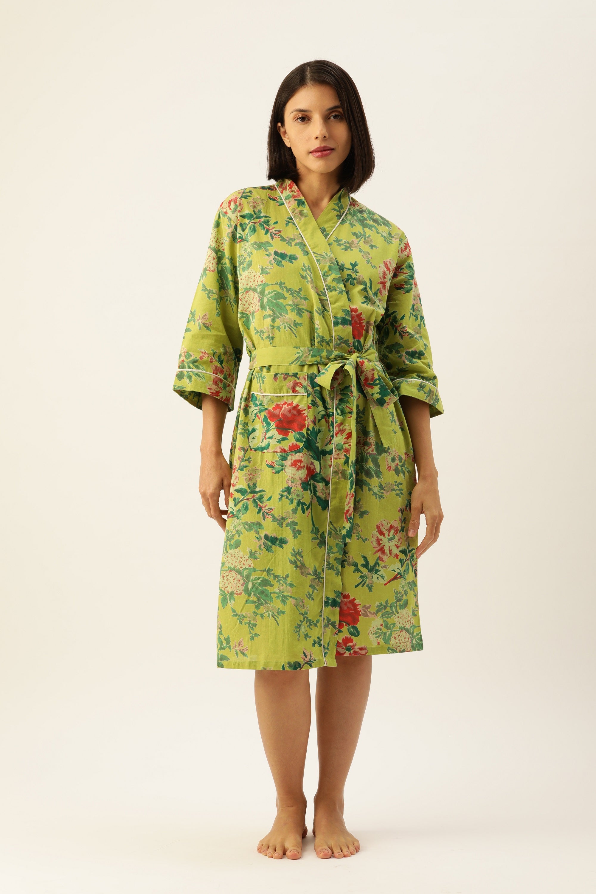 Green Pure Cotton hand printed kimono robe