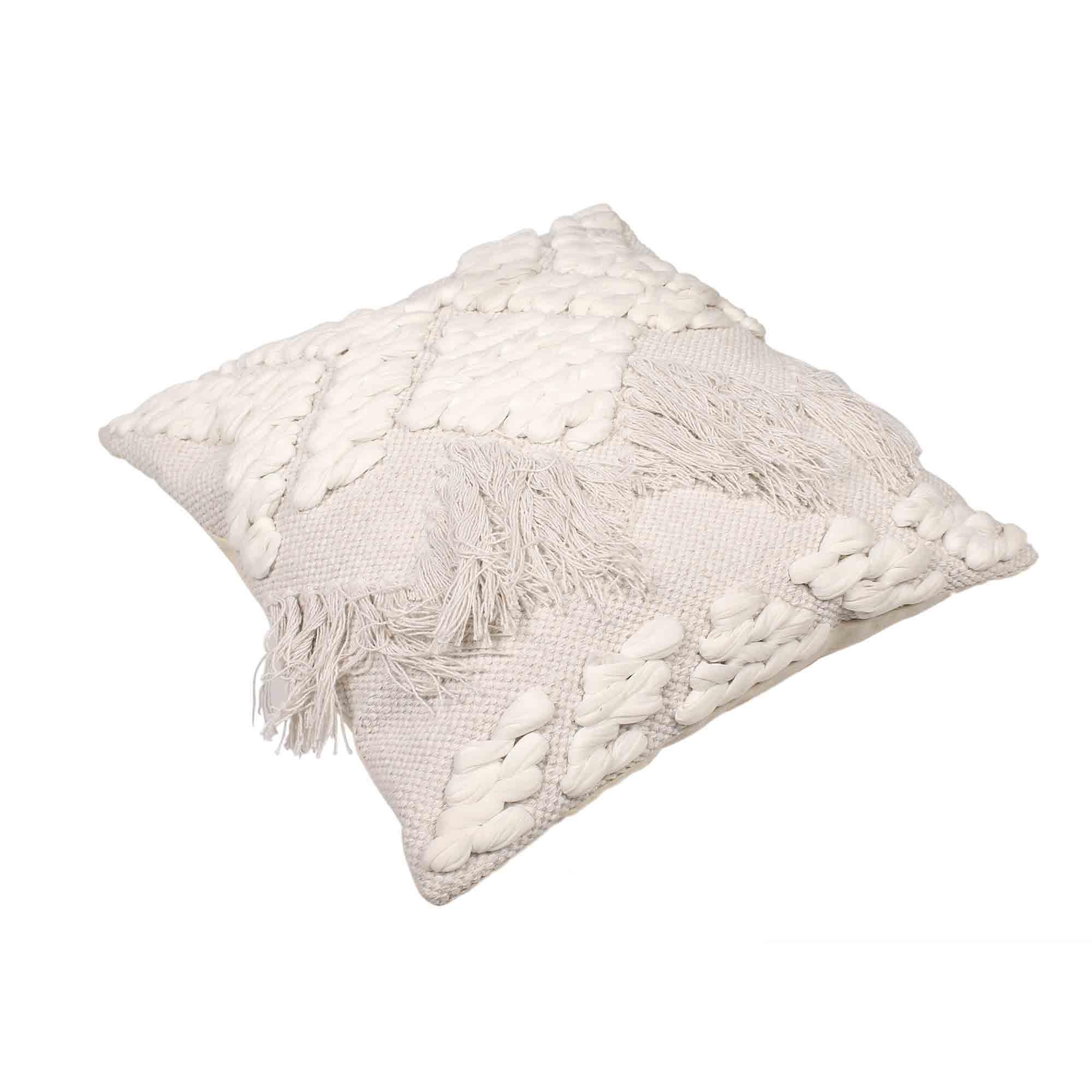 White Tufted Squared Cotton Cushion Covers With Fringes