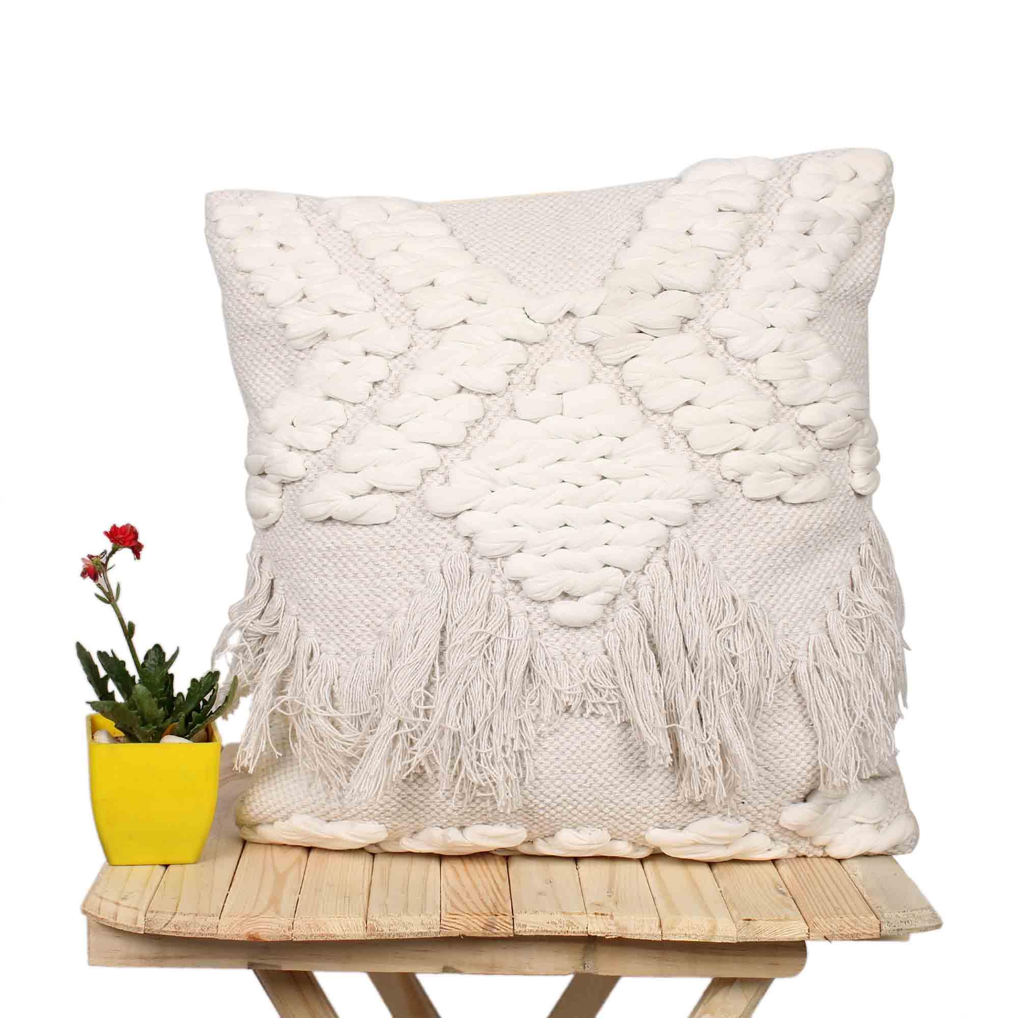 White Tufted Squared Cotton Cushion Covers With Fringes