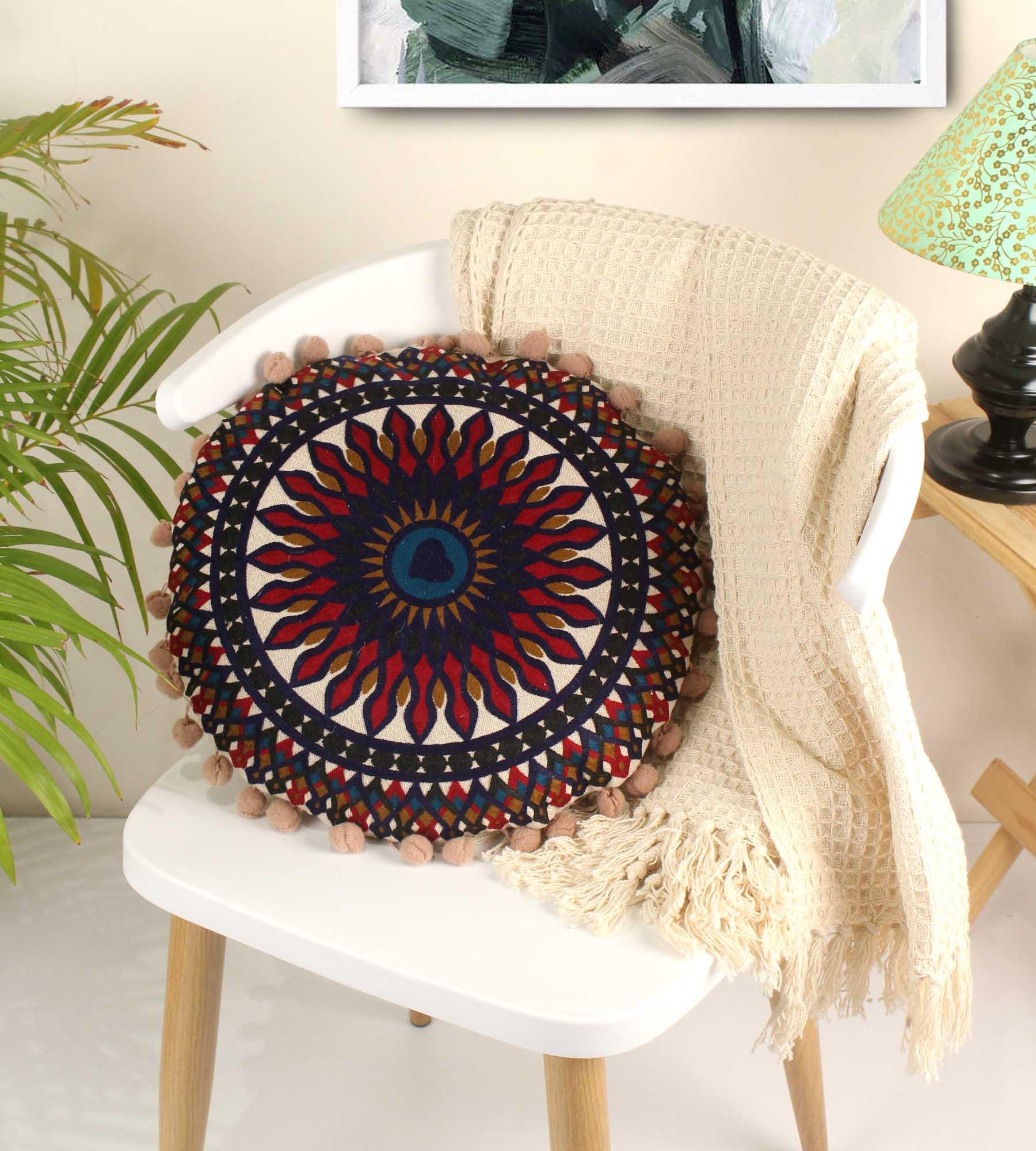 Floret Embroidery Round Cotton Cushion - SanskrutiHomes
