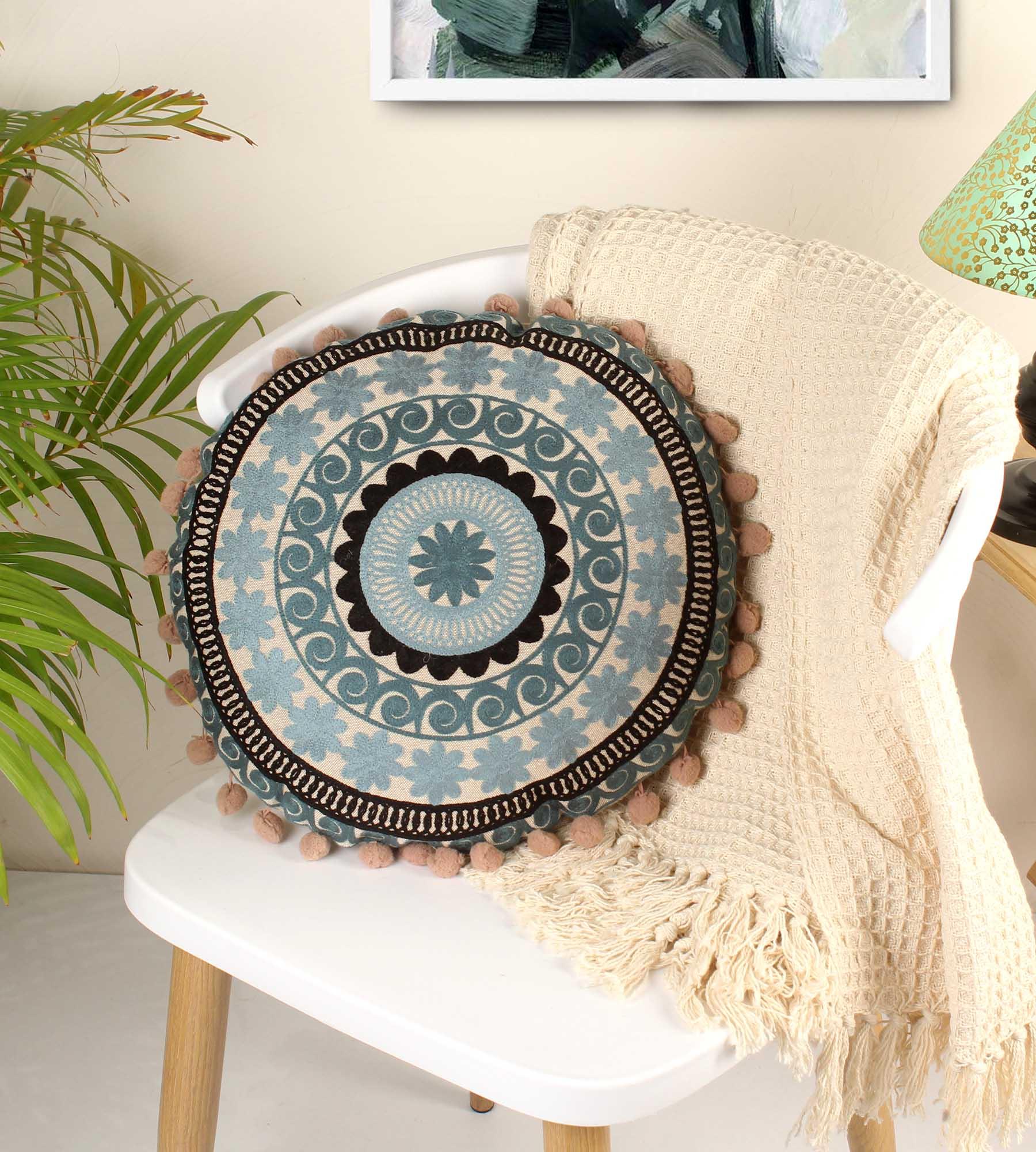 Greek Embroidery Round Cotton Cushion - SanskrutiHomes