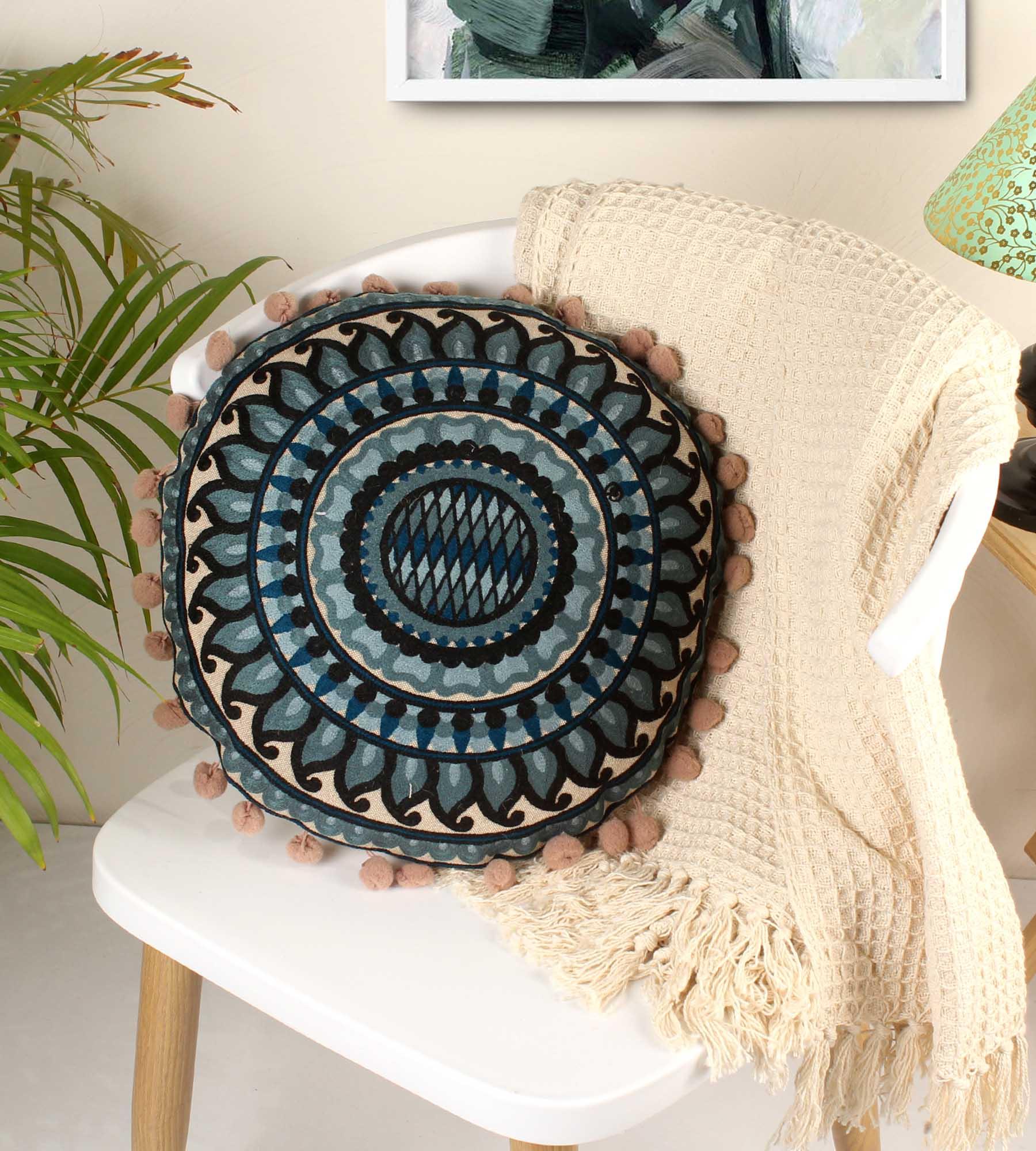Helix Embroidery Round Cotton Cushion - SanskrutiHomes