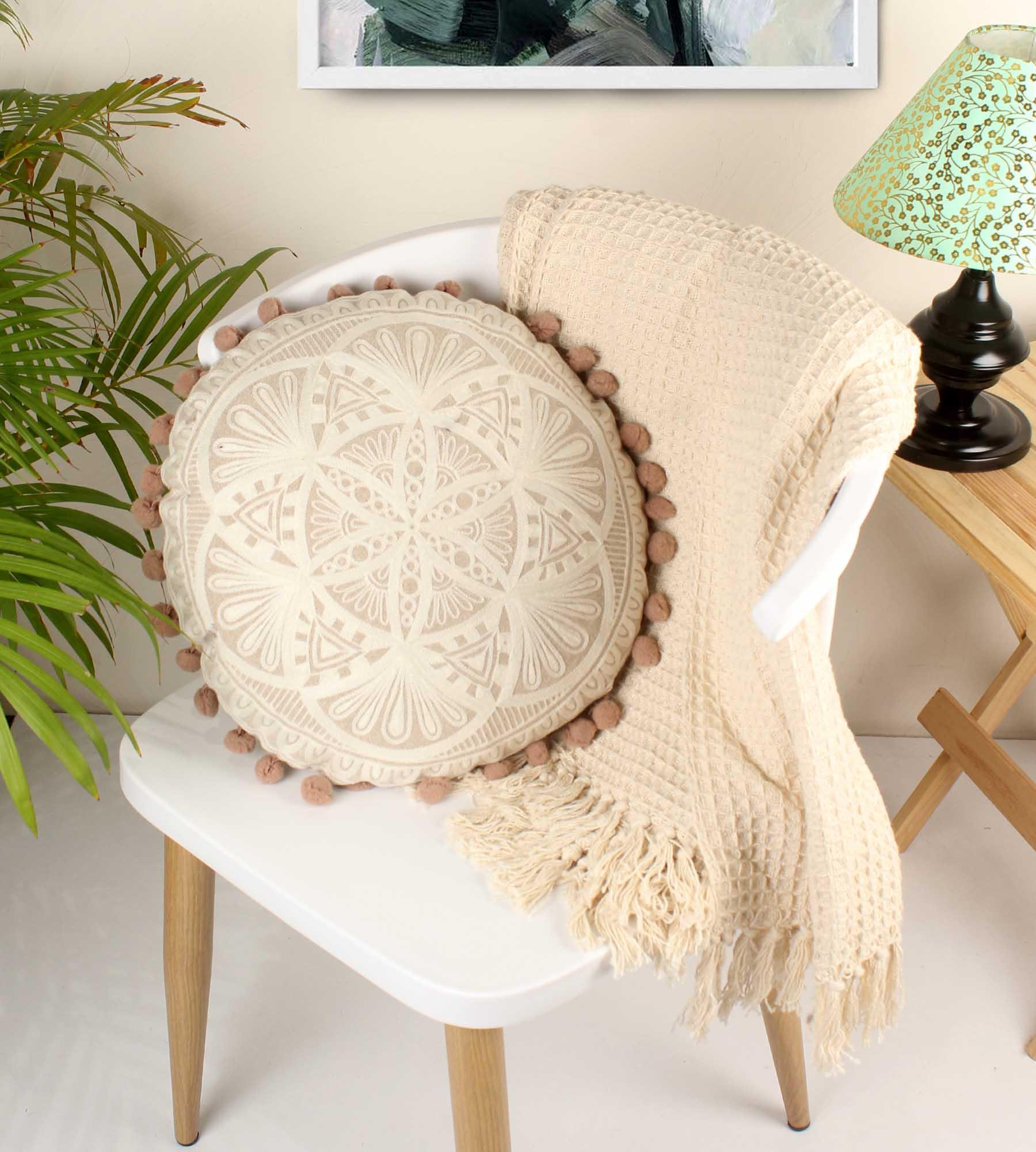Ivory Embroidery Round Cotton Cushion - SanskrutiHomes